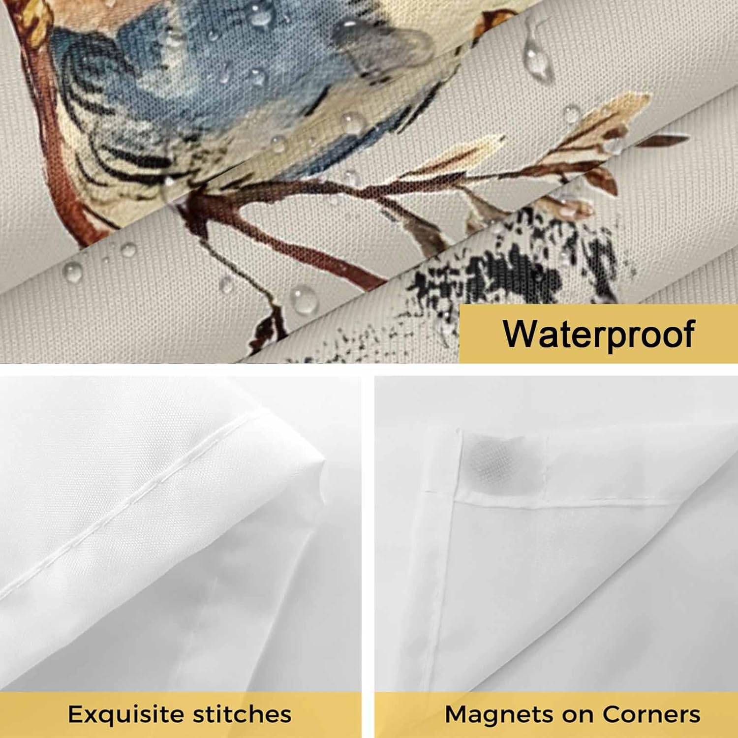 No Hook Shower Curtain with Snap in Liner Set, Japanese Style Waterproof Fabric Bath Curtain, Grey Farmhouse Owl Birds Branches See Through Mesh Top Window Bathtub Curtains for Bathroom Hotel 72"x72"