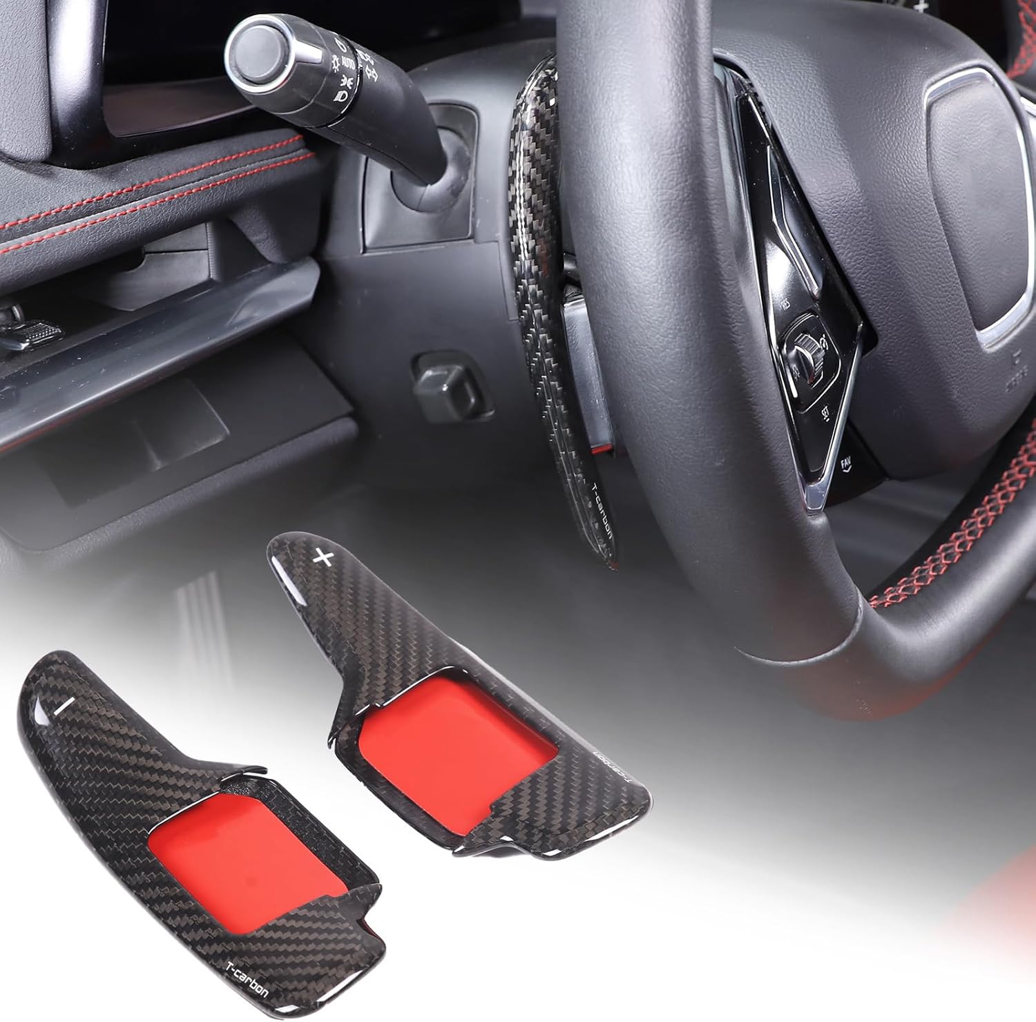 Car Steering Wheel Shifter Paddles Cover Trim Compatible with Chevrolet Corvette C8 2020-2025 100% Real Carbon Fiber 4PCS Shift Paddle Extended Interior Trim Accessories (Red Carbon)
