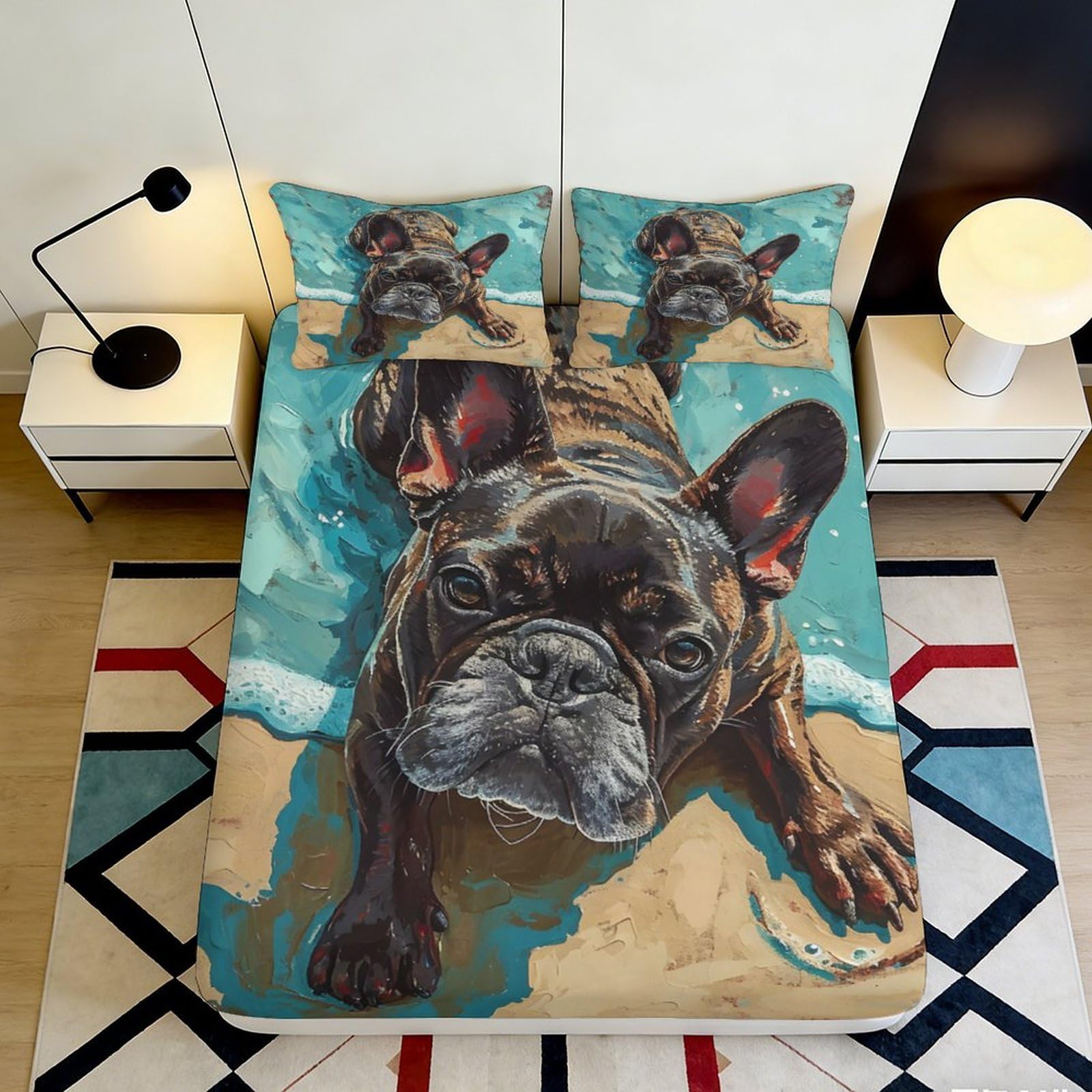 3D Printed French Bulldog Fitted Sheet Microfiber Soft Animal Art Bed Cover for Bedroom Dorm Mattress Decor 90x200x25cm