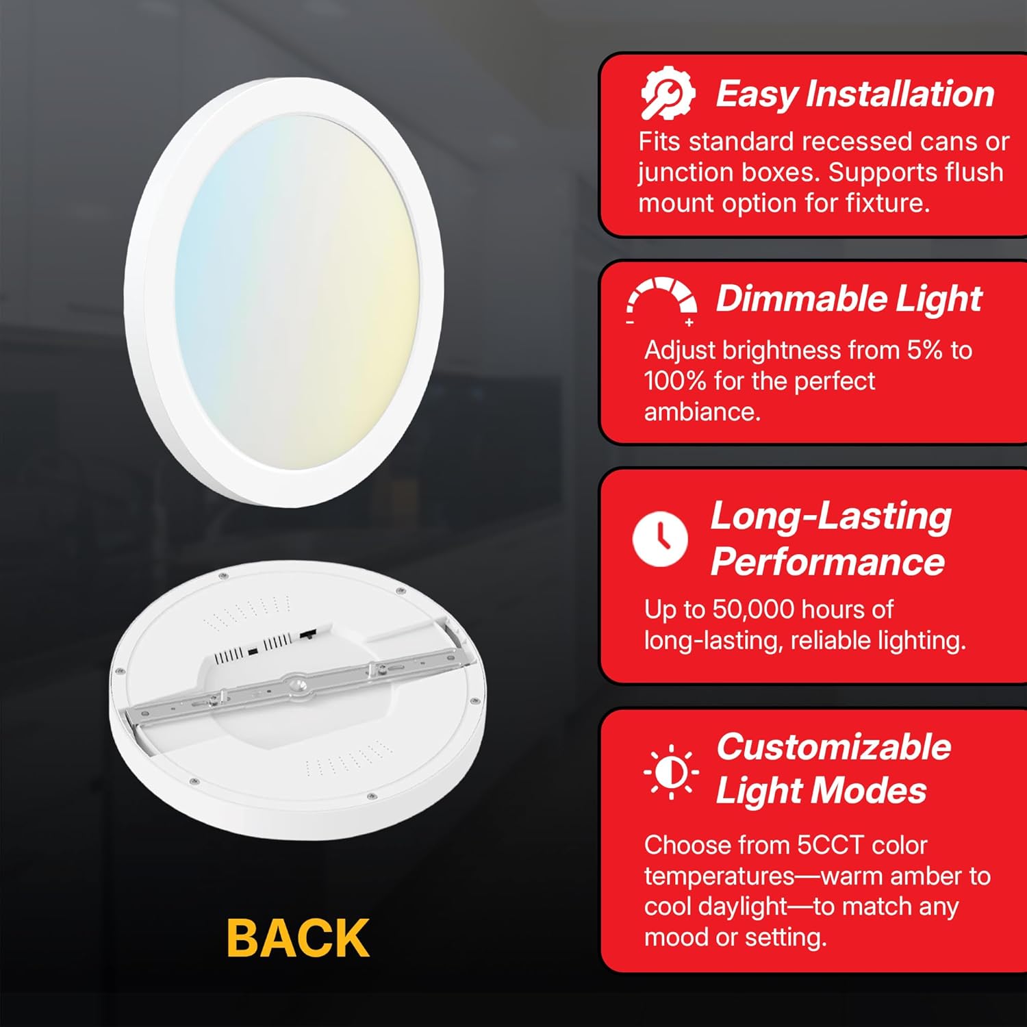 1-Pack, 22W, 1800LM, 12-Inch LED Flush Mount Ceiling Light, 0.63” Ultra Slim LED Ceiling Light CRI>90, 5CCT 2700K/3000K/3500K/4000K/5000K, Installs with Junction Box/Recessed Can, ETL & FCC