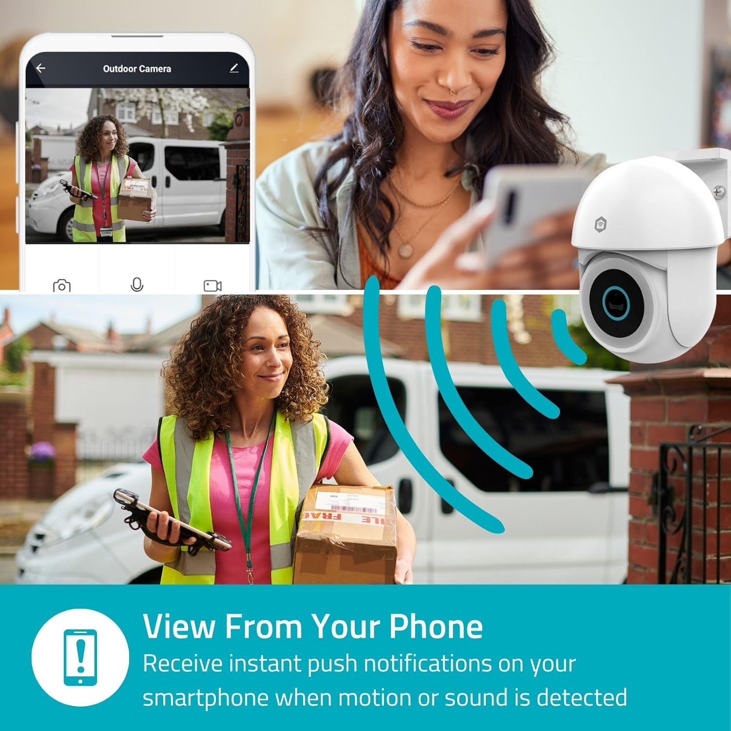 NEDIS SmartLife Outdoor Camera sending instant push notifications to a smartphone when motion or sound is detected