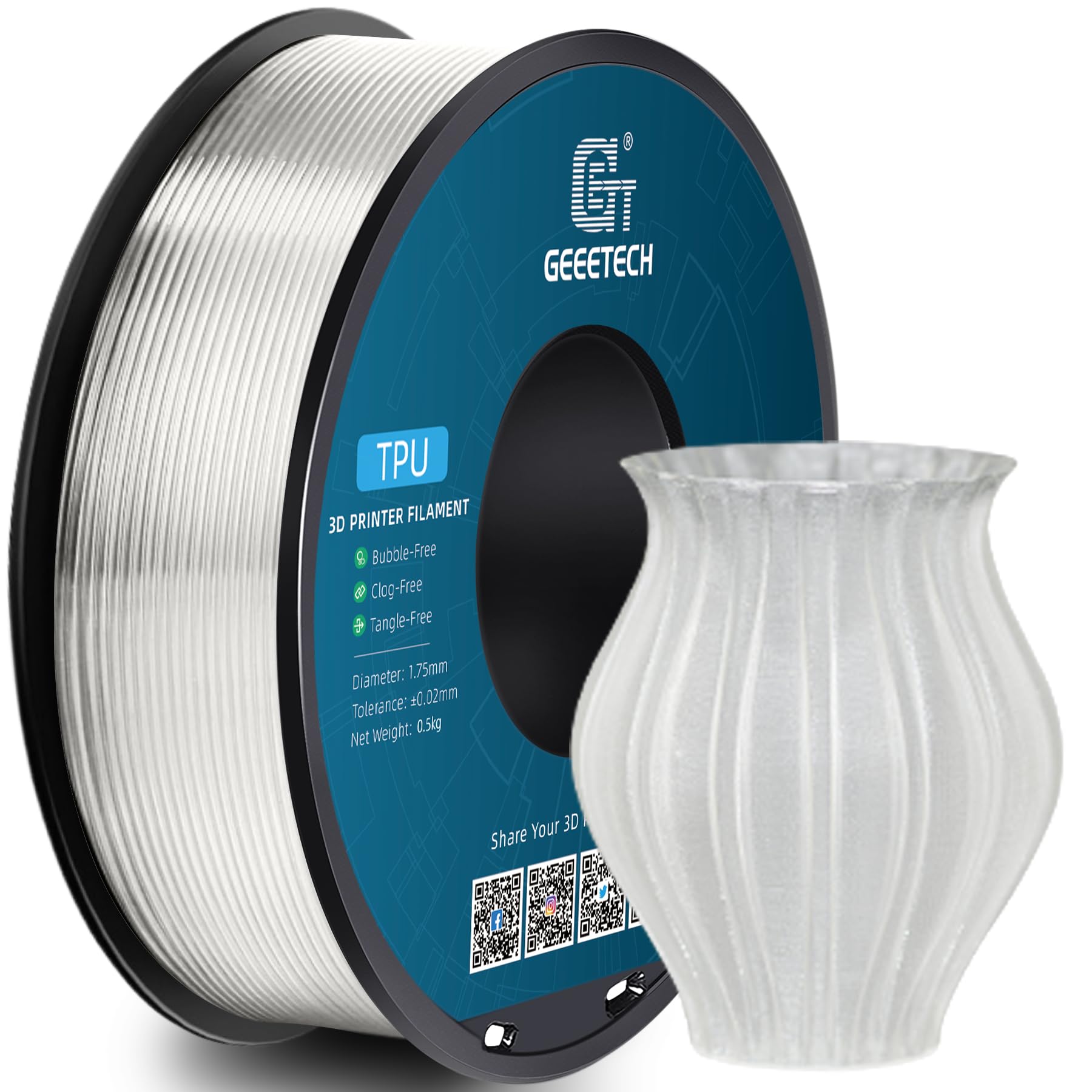Geeetech TPU Filament 1.75mm, 0.5KG/500g (1.1lbs) Spool, Shore 95A Flexible 3D Printer Filament with High Elasticity, Dimensional Accuracy ±0.03mm,