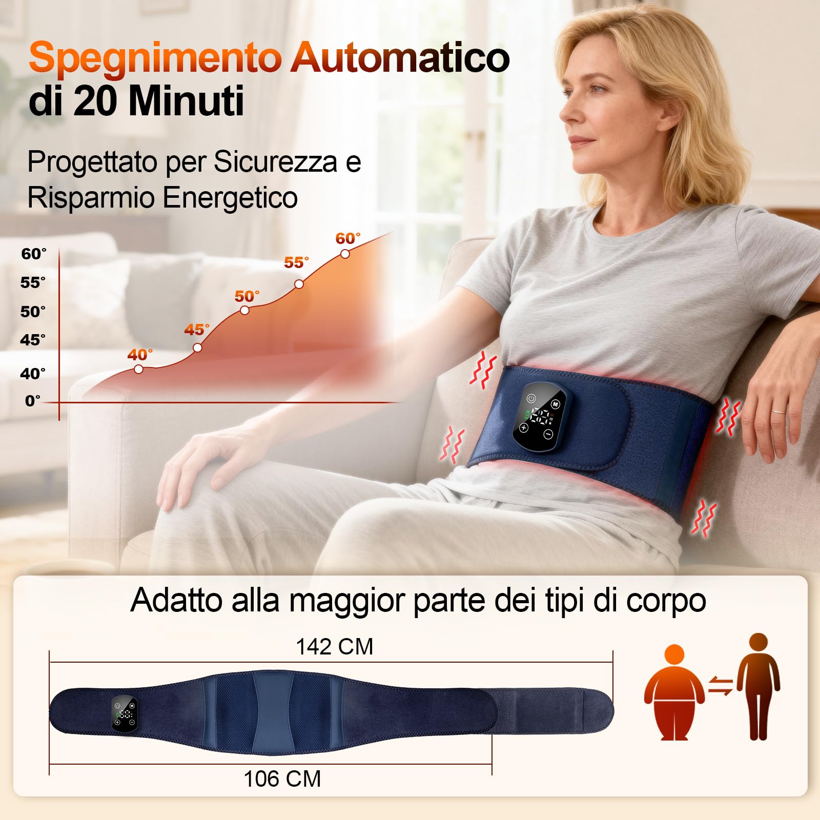 Fascia Lombare Riscaldamento,Massaggiatore Schiena Cintura Riscaldante,3000mAh Batteria Termoforo Elettrico Lombare,Fascia Riscaldante Schiena,3 Modalità di Massaggio e 5 Regimi Termici