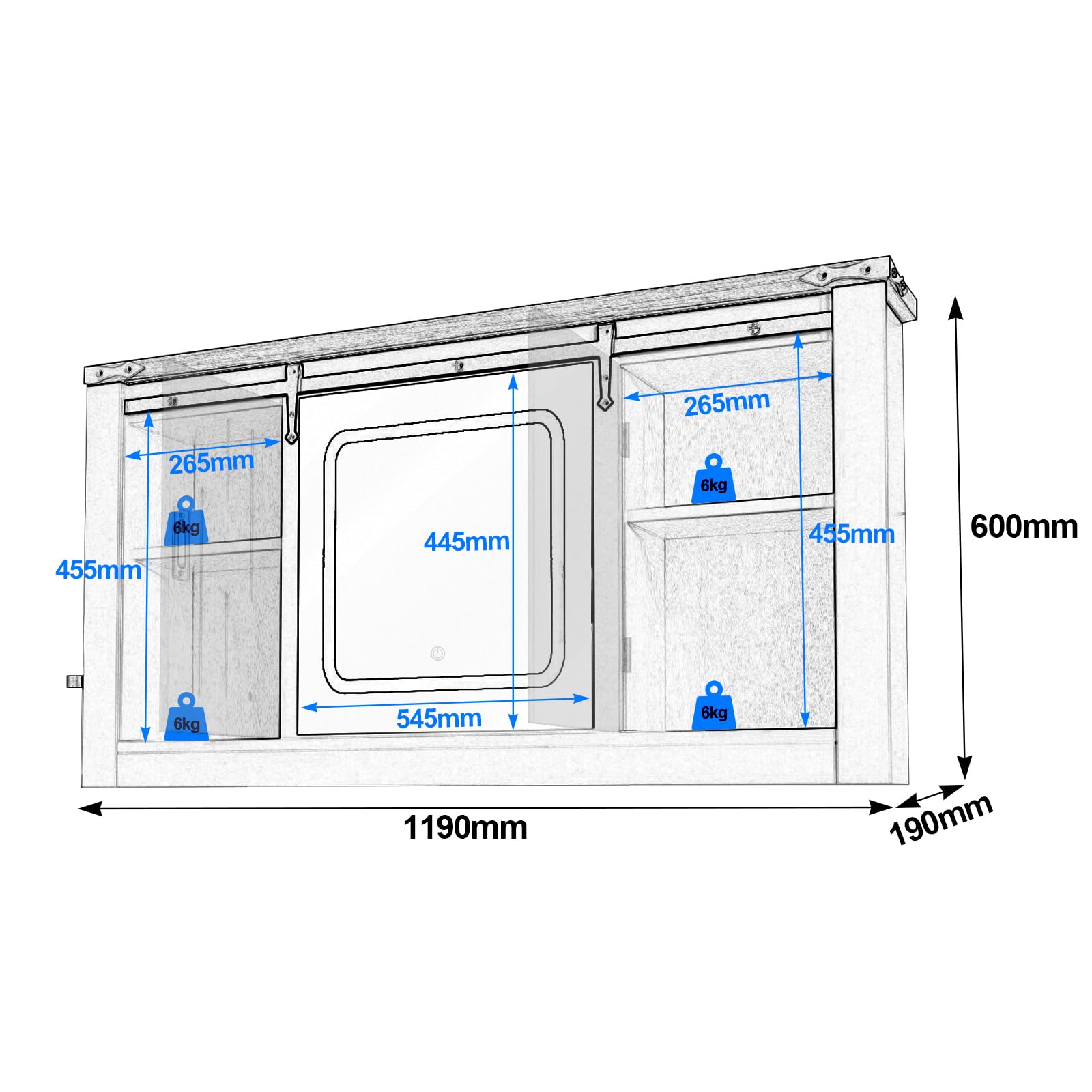 Specchio Bagno Contenitore con Luce Mobile Bagno Armadietto con 5 Mensola Regolabile e Porta asciugacapelli 120 * 19 * 60 cm