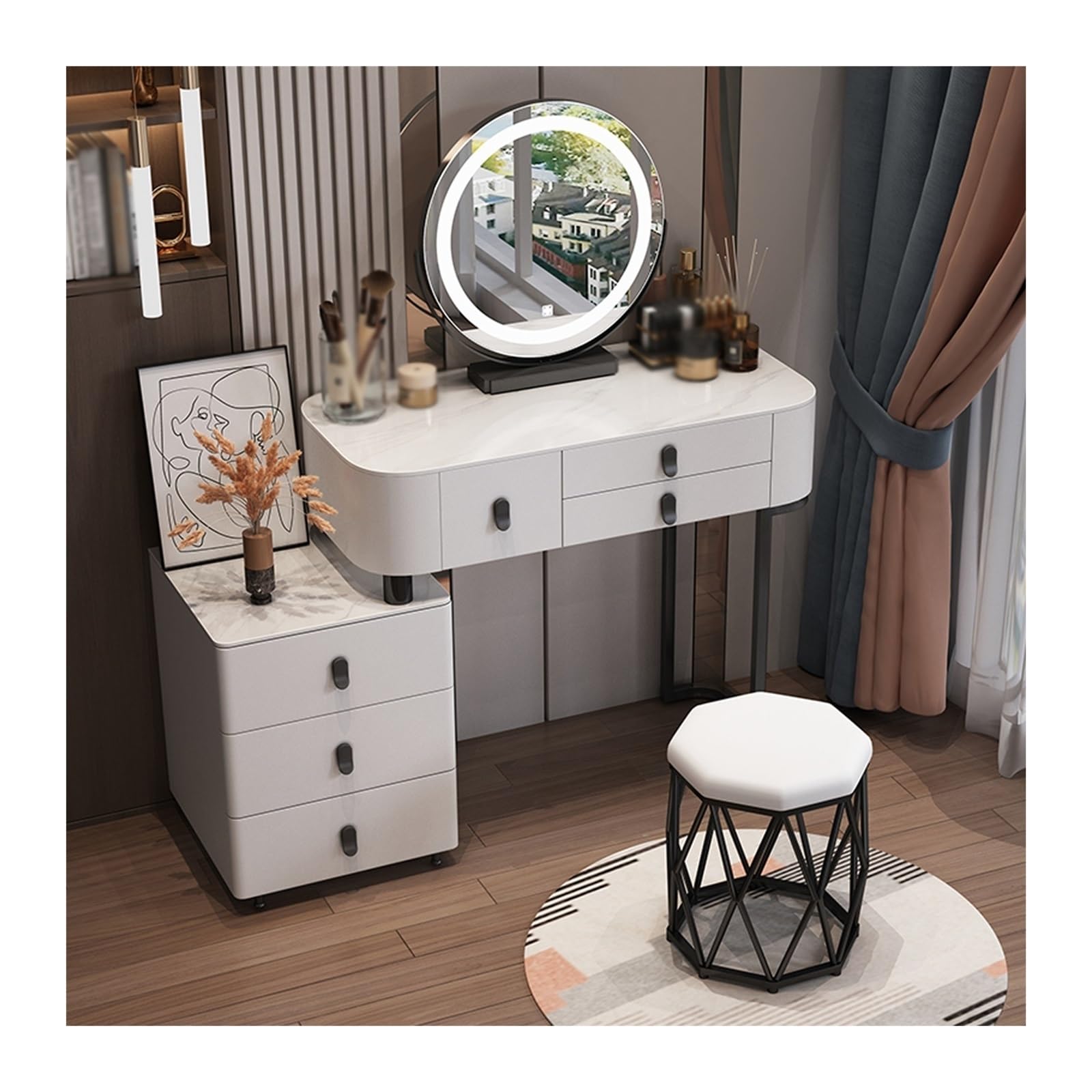 CGCSYZ Vanity Desk Modern White Vanity Table, Vanity Desk with LED Mirror and Bedside Table, Dressing Table for Girls and Women Makeup Dressing Table (White Round Stool 120cm)