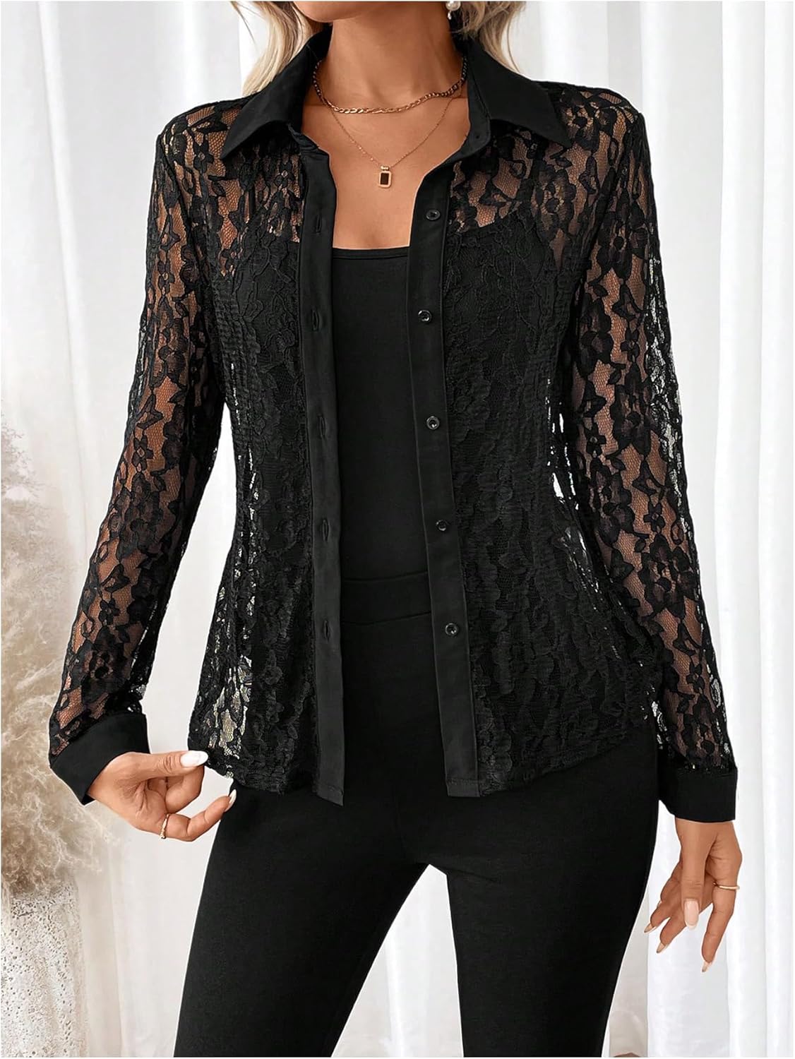 SOLY HUX Women's Lace Sheer Button Down Blouse Long Sleeve Collared Shirts Old Money Outfits - Image 3