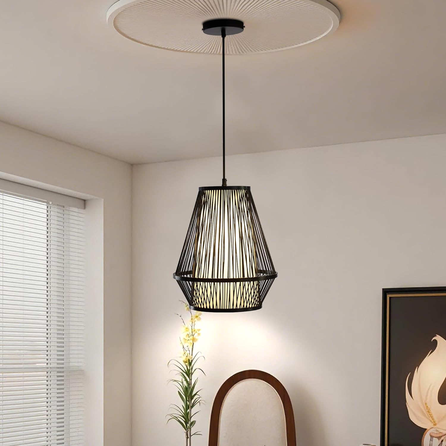 Boho Rattan Pendant Light, 12" Handwoven Bamboo Wicker Basket Shade Pendant Light Fixture, Natural Rustic Farmhouse Chandelier for Kitchen Island, Dining Room, Bedroom