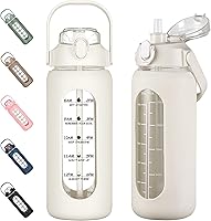 Vista 20 de kytffu Botellas de agua de vidrio de 64 onzas con popote, botella de vidrio motivacional de medio galón con funda de silicona y marcador de tiempo
