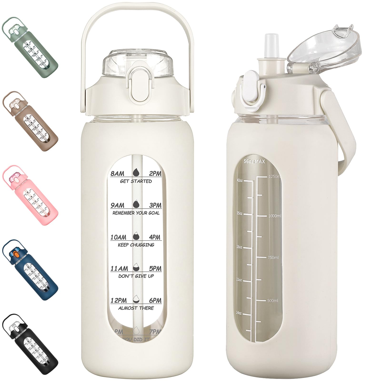 kytffu56oz Glass Water Bottles with Straw, Motivational Glass Bottle with Silicone Sleeve and Time Marker, Leakproof Large Glass Water Jug for Gym Home Office,White