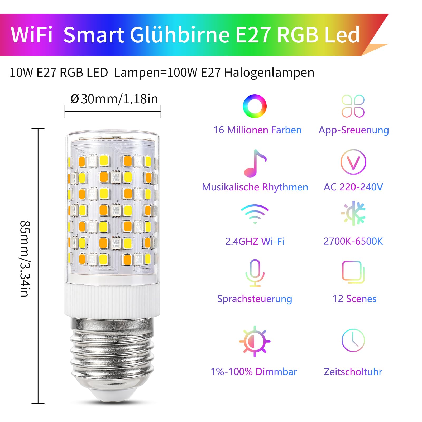 I-SHUNFA Bombilla Inteligente WiFi E27 RGB LED, Cambio De Color Con Sincronización De Música Lámparas, 10W, 12 Escenas, 16 Millones De Colores DIY, Trabajar Con Alexa Google Home App (3PCS)
