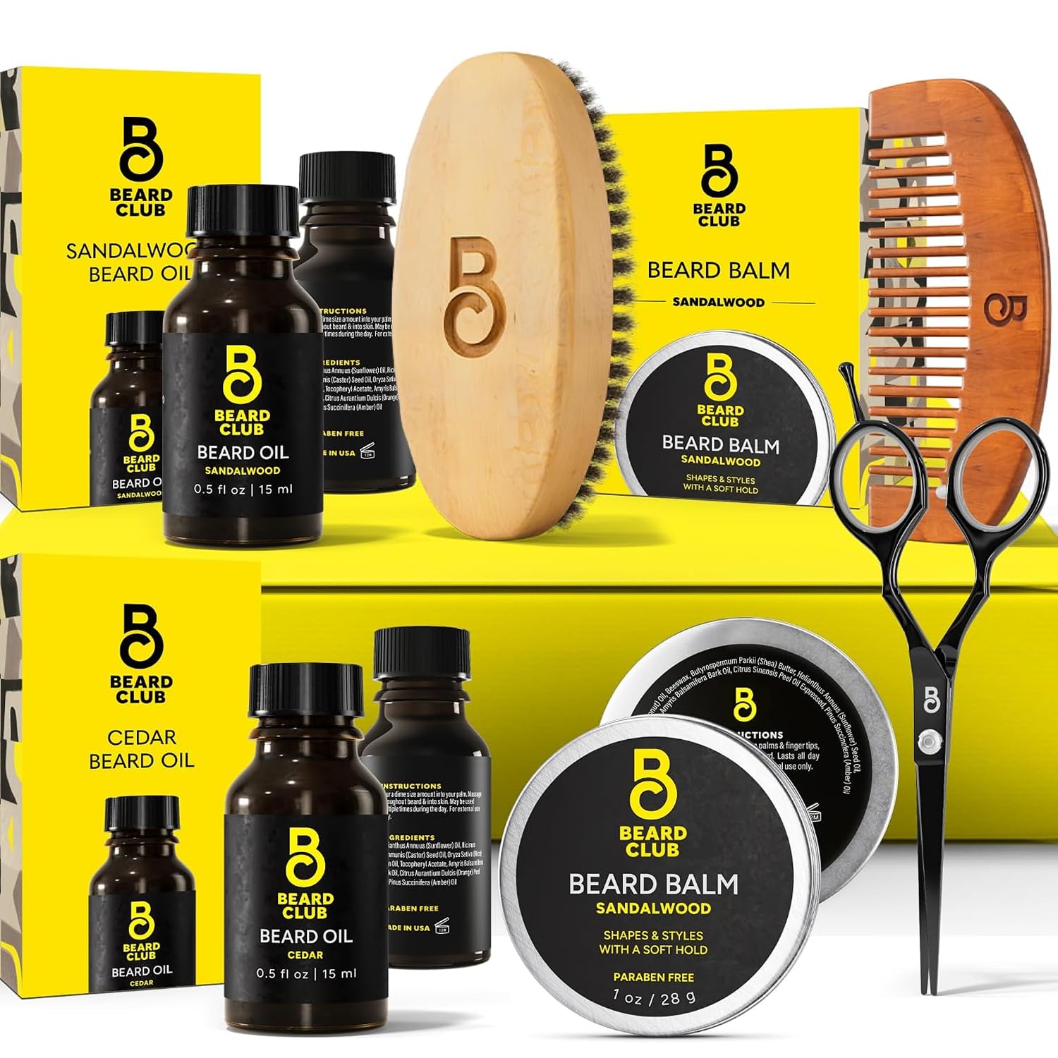 The Beard Club Beard Kit for Men - Grooming & Care Kit - Cedar & Sandalwood Oil, Sandalwood Balm, Boar Bristle Brush, Comb, Trimming Scissors - Dad Gift Set