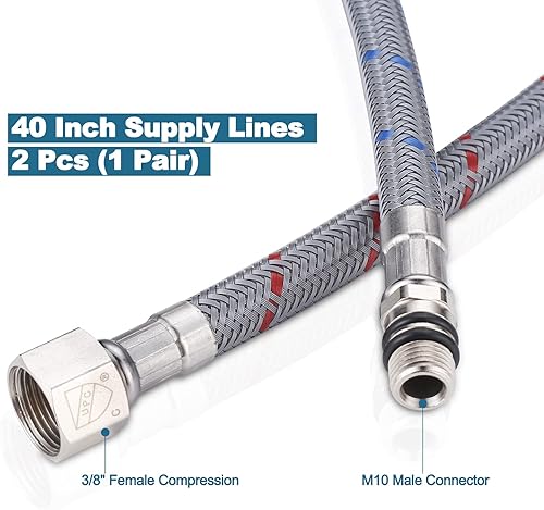 Miniatura 2 de ARCORA Manguera de grifo de cocina de baño de 40 pulgadas, líneas de suministro de nailon trenzado cUPC 38 pulgadas hembra Comp × M10 macho (1 par)