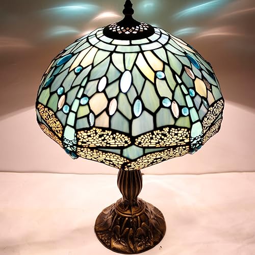 Miniatura 6 de WERFACTORY Tiffany Lámpara de mesa de cristal azul mar 12 x 12 x 18 pulgadas estilo libélula luz de lectura de escritorio serie S147