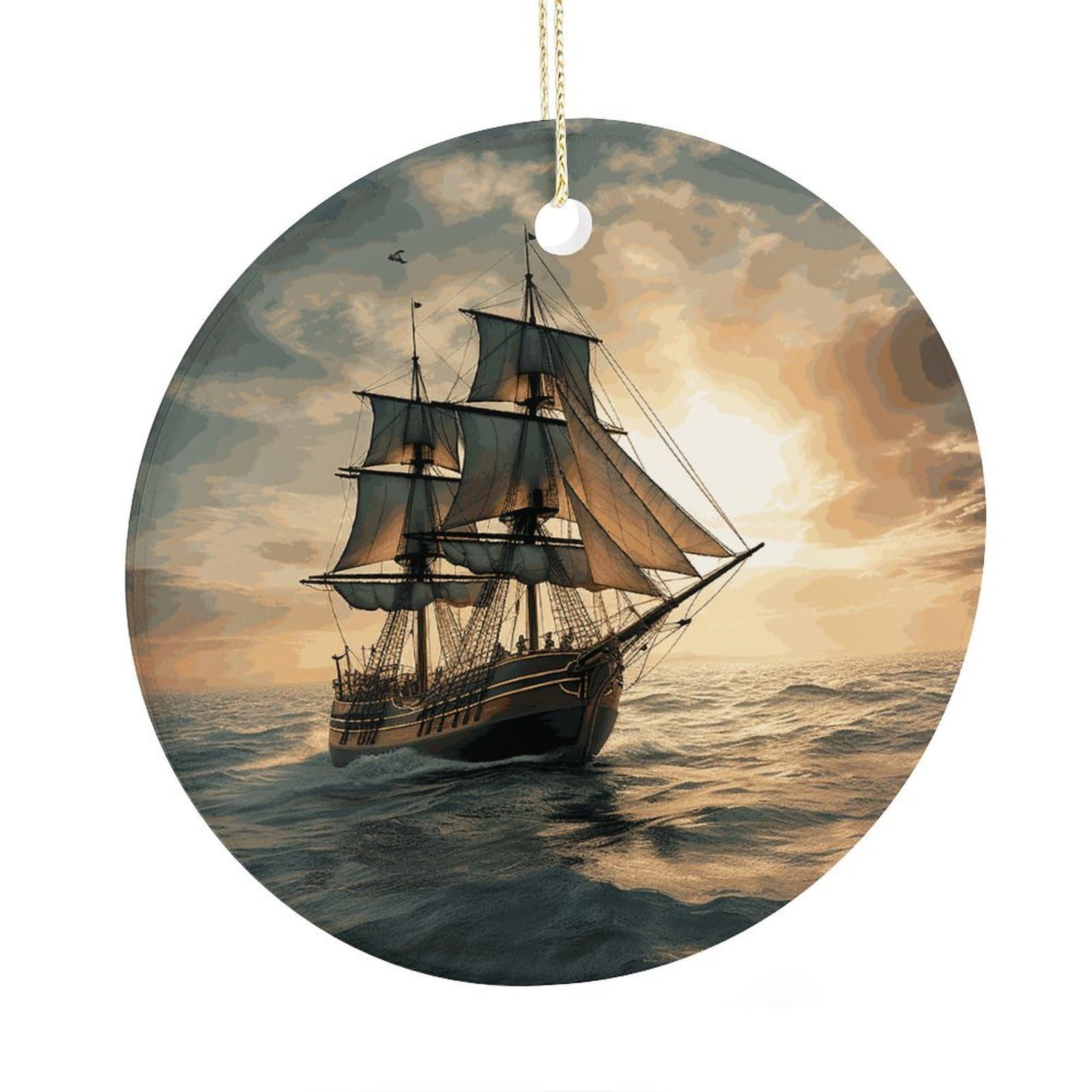 Adfgyerh Style Ship Sailing Alone Ceramic Circular Pendant,2.9 Inch，Hanging Ornament，Gift Exchange Idea Round Ceramic Ornament,For Mom And Daughter，For Home Indoor Outdoor Decor.