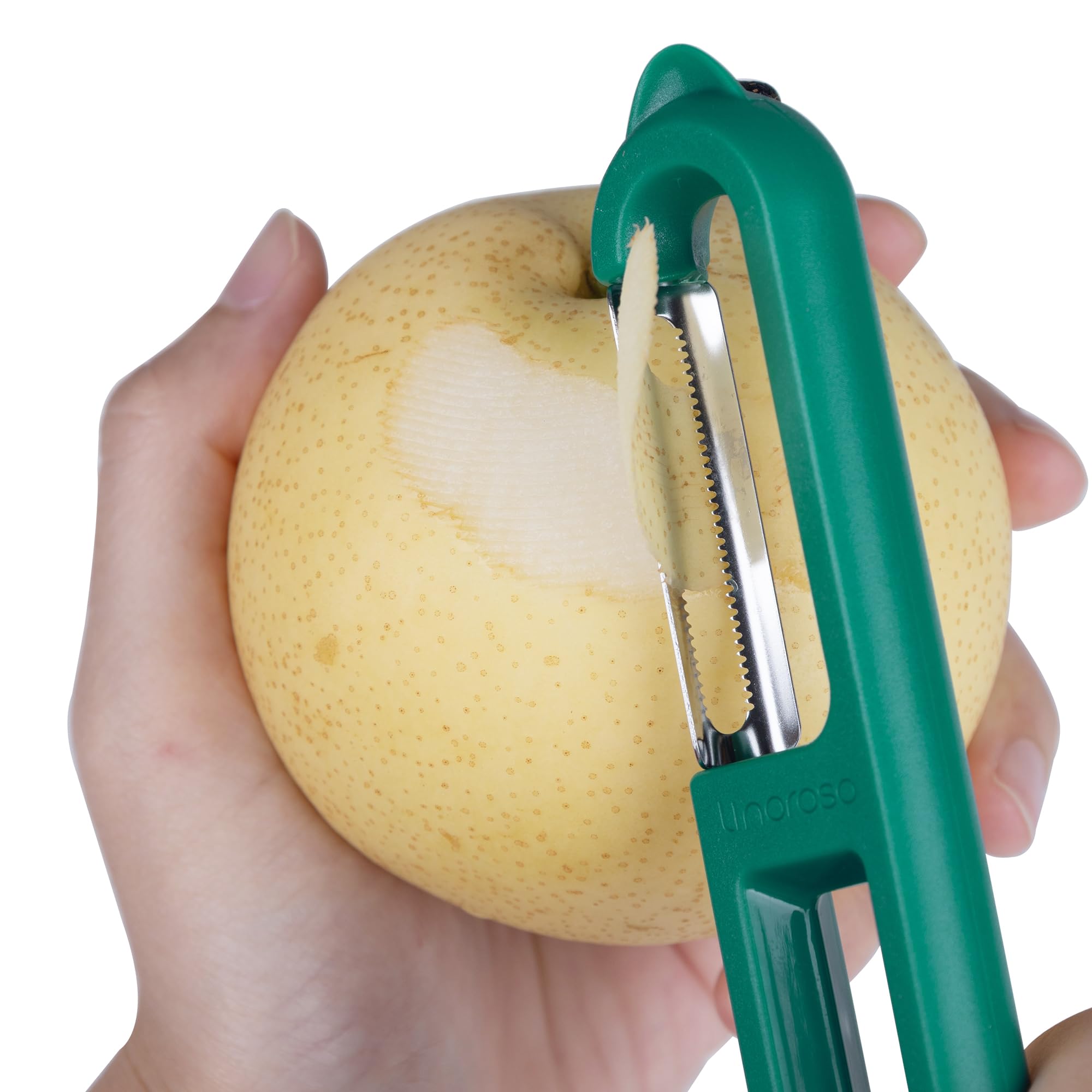 Linoroso Pelapatate Professionale Seghettato di Tipo I con Punta per Pela Patate e Verdura Frutta, Affilato e Liscio, Impugnatura Confortevole - Verde