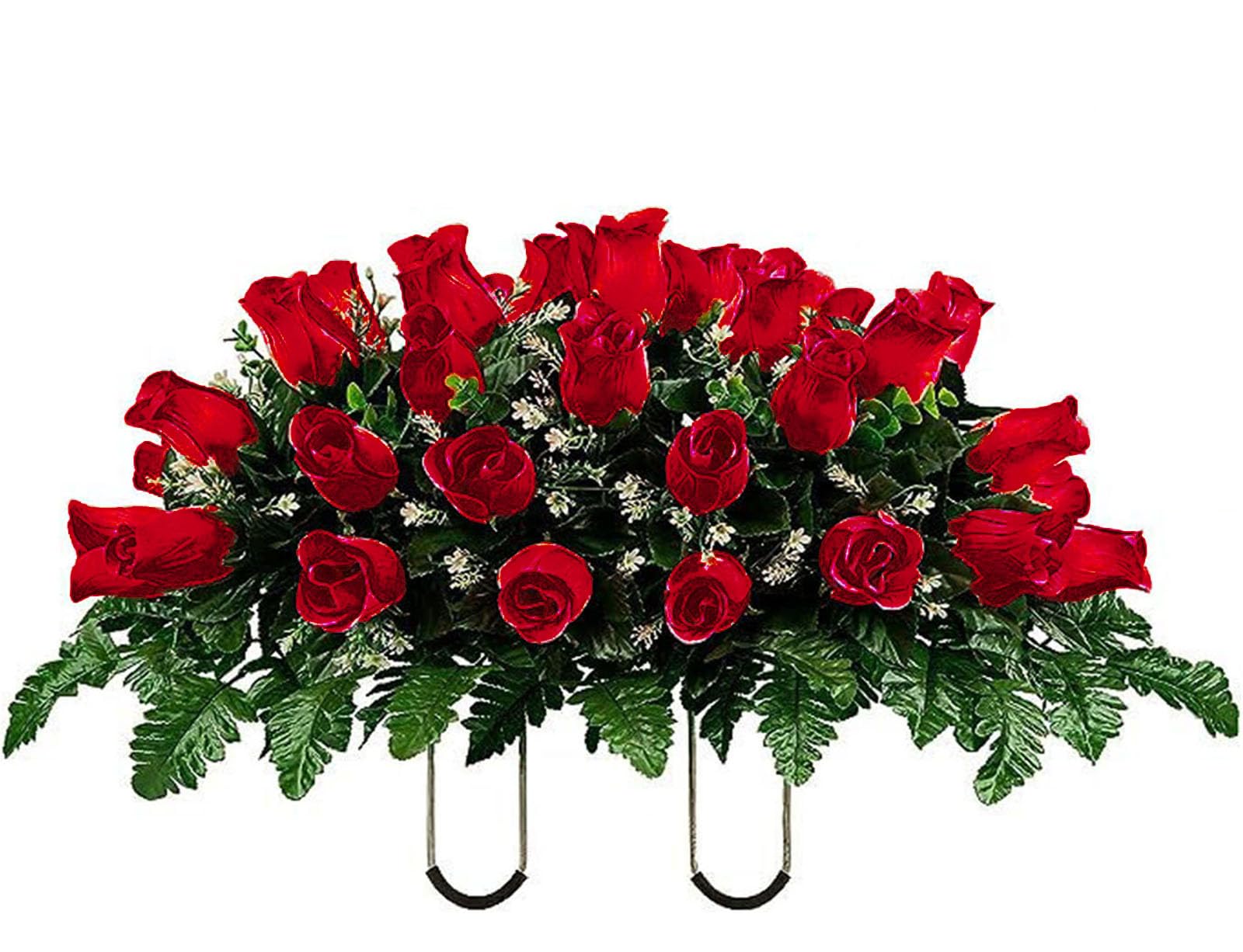 Large Artificial Roses Cemetery Flowers - Realistic - Outdoor Grave Decorations - Non-Bleed Colors - Saddle for Headstone,Outdoor Tombstone Memorial Decorations, Easy Fit (Red) image 3