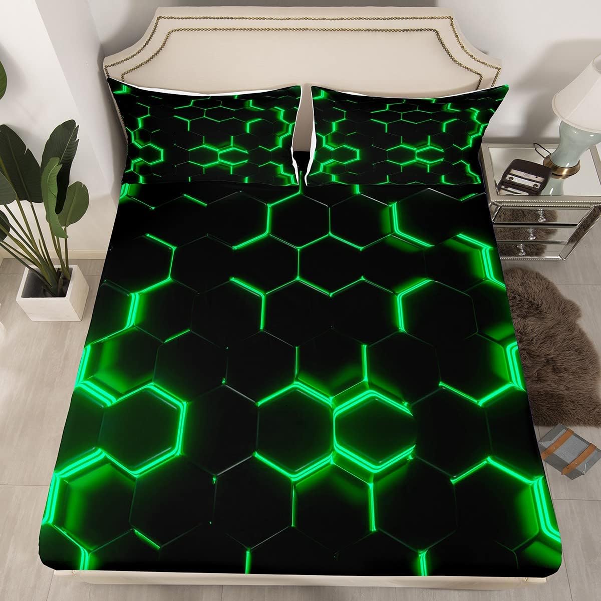 Feelyou Honeycomb Bedding Sheets Queen Size,Geometric Hexagon Theme with Green Neon Lights Fitted Sheet,Boys Teen Man Chic Home Bed Cover 3Pcs 2 Pillowcases,Black