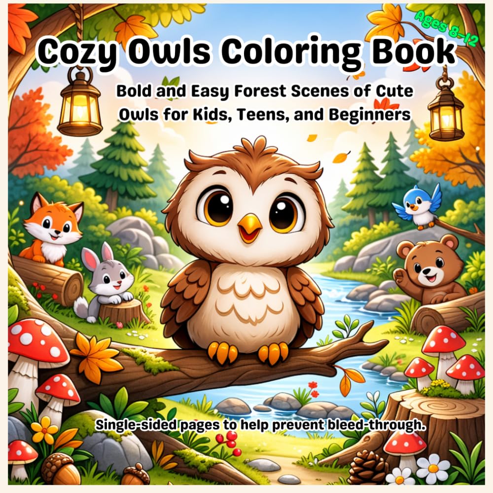Cozy Owls Coloring Book: Bold and Easy Forest Scenes of Cute Owls for Kids Ages 8–12, Teens, and Beginners