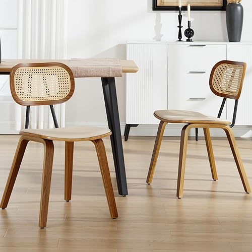 Juego de 2 sillas de comedor Mid-Century de piel sintética con respaldo de ratán y patas de madera, perfectas para comedor, sala de estar o cocina