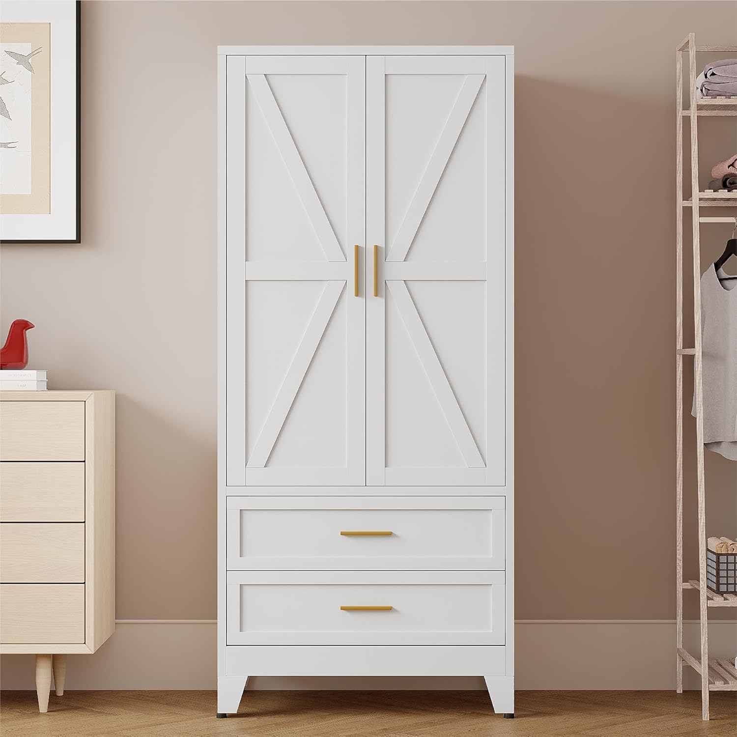 71 Inch Tall Wardrobe Closet,Metal Armoire with Drawers,Freestanding Cabinet with Adjustable Shelves and Removable Closet Rod, Easy Assembly for Bedroom Apartment Dorm Garage,White,1 Pack