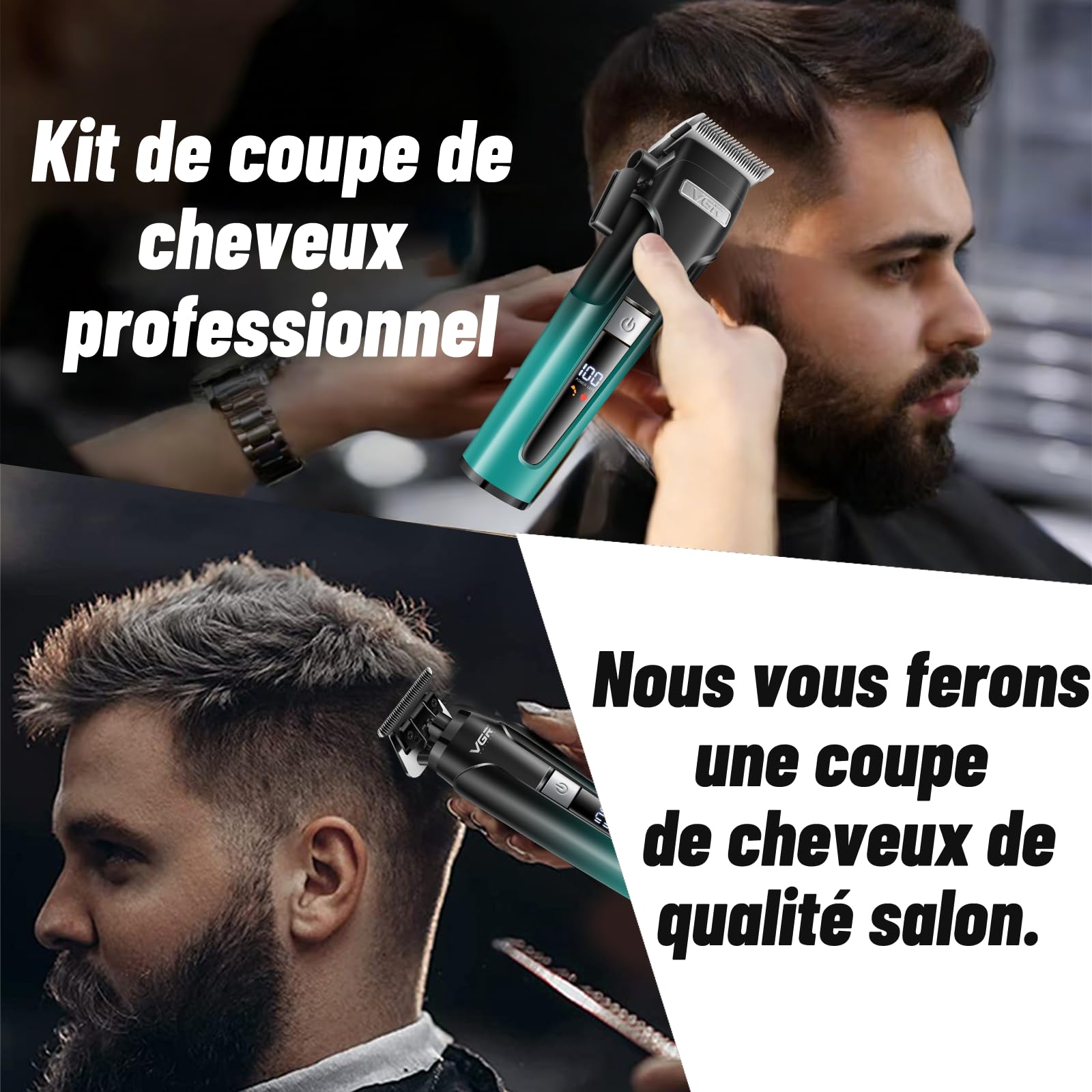 VGR 694 Tondeuse Cheveux Hommes Professionnel Kit Équipé Lames en Céramique | Tondeuse Barbe et Cheveux Homme Comprenant Station de Charge Magnétique, Kit Barber Avec Affichage LED