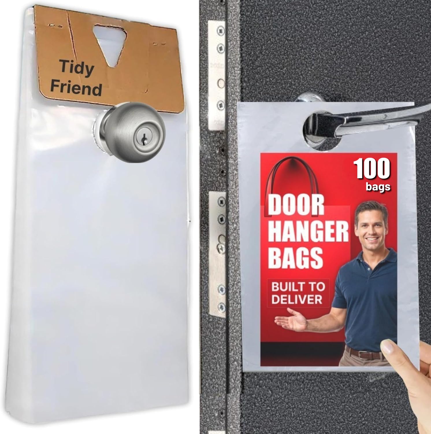TidyFriend Door Hanger Bags 6” x 12” (100 Pack), Clear Door Hanger Bags Protects Flyers, Brochures, Notices, Printed Materials, Waterproof and Secure