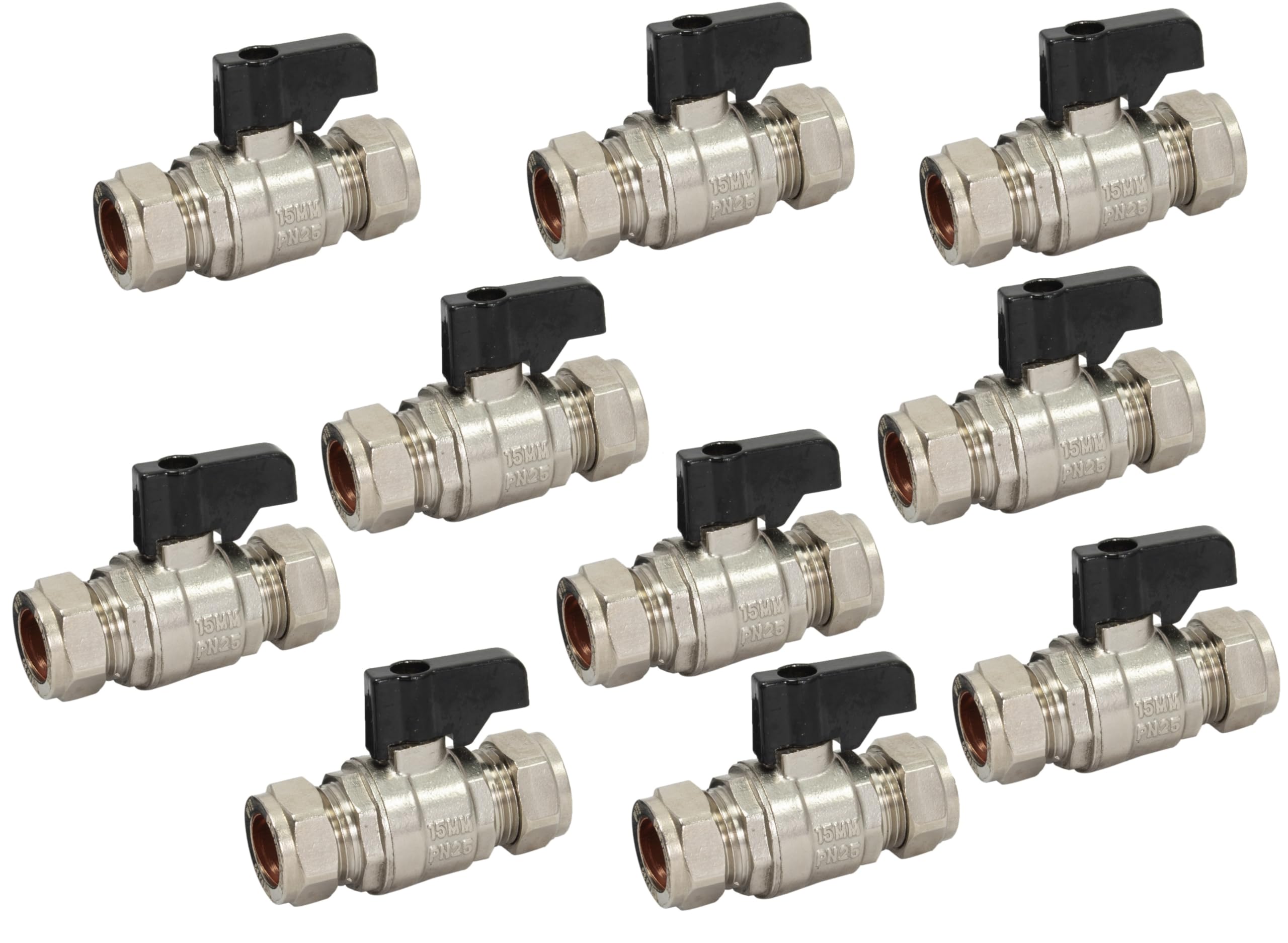 22.5 Team Controls Chrome Tc 15Mm Compression Isolation Valve Full Bore With Black Lever Handle Thumb Turn Bolofix Isolating Valve - Pack Of 10