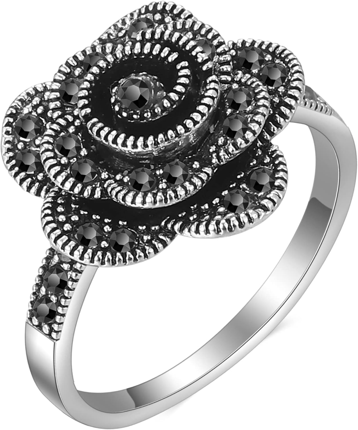 Mytys Vintage Wide Ring Classic Black Marcasite Crystal Rows Statement Silver Chunky Rings