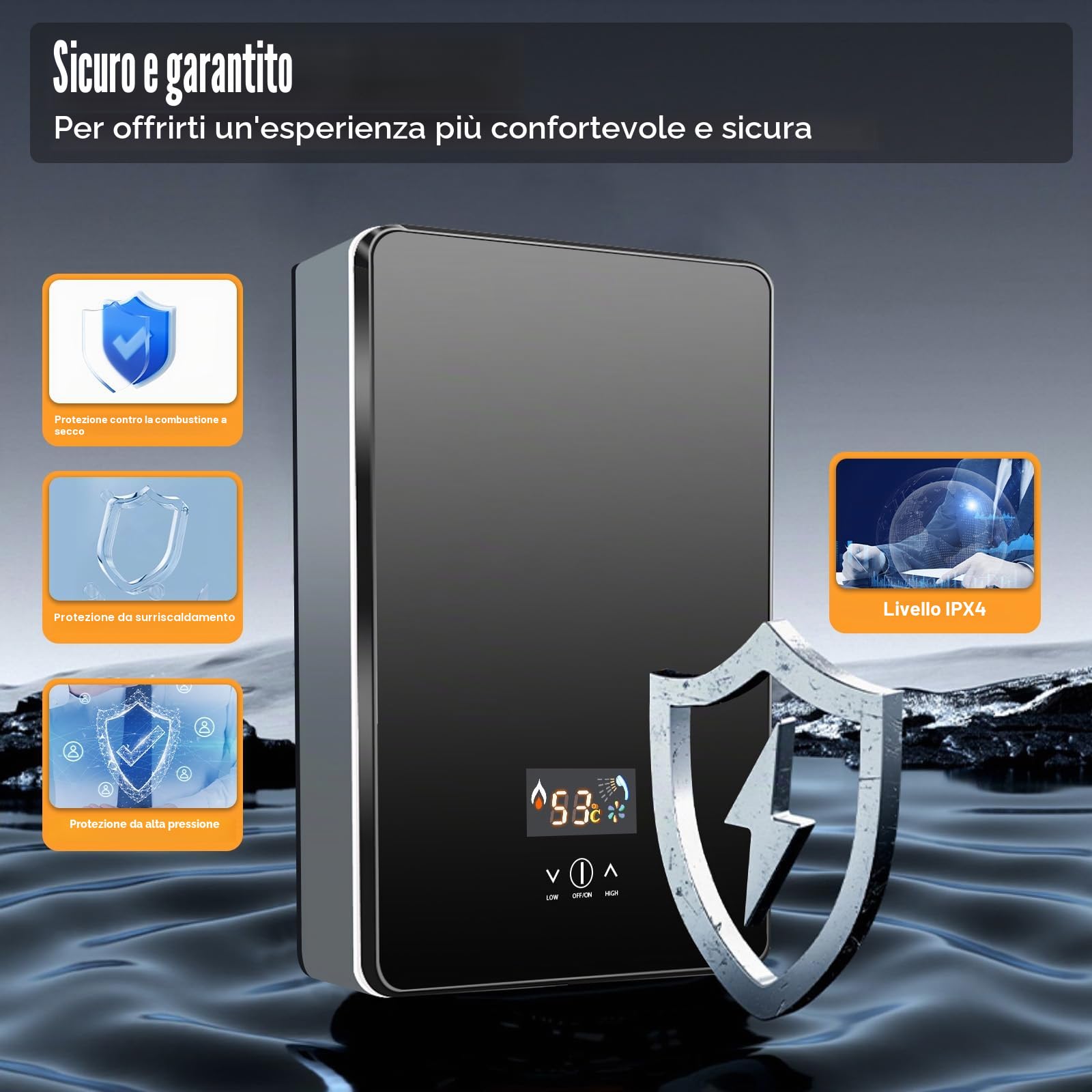 Scaldabagno elettrico digitale acqua calda senza serbatoio Kit doccia 30-55°C, 6500W, display LED, funzionamento touch, protezione interruzioni corrente