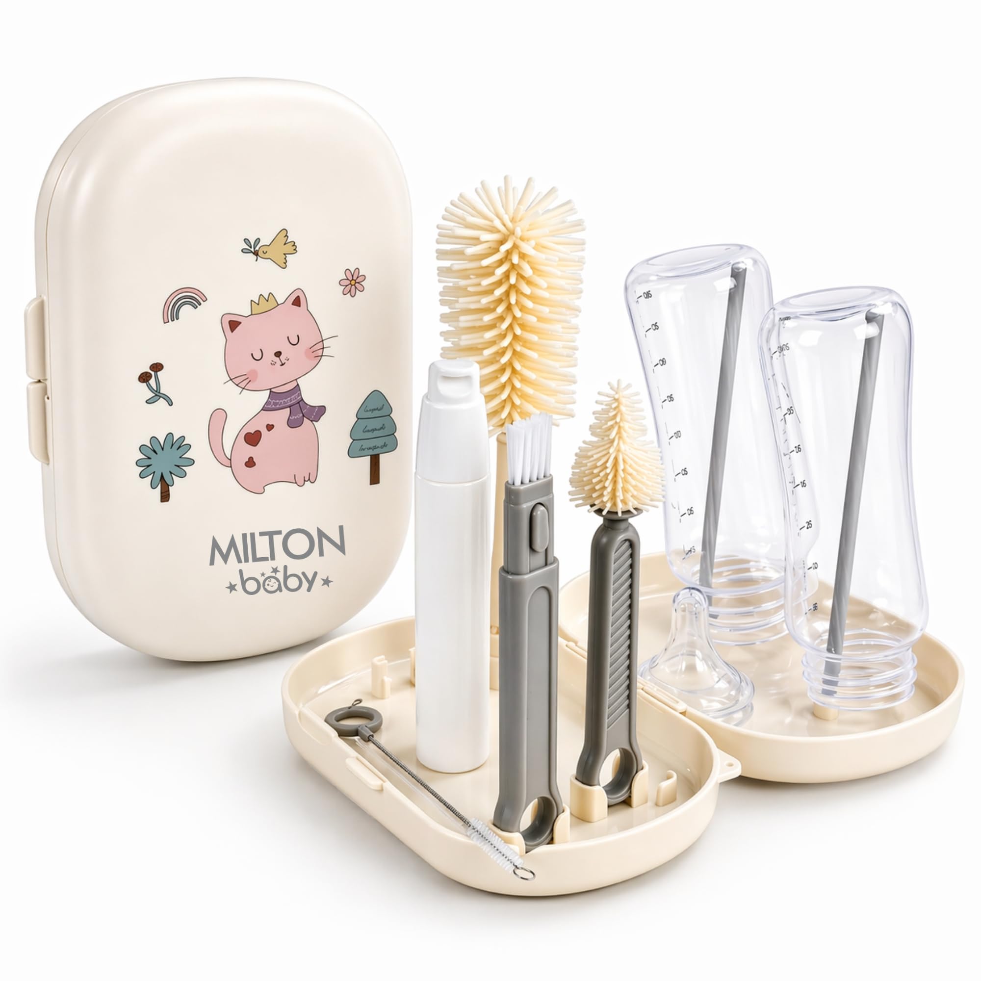 Milton Baby 5-in-1 Travel Bottle Cleaner Kit I Bottle, Nipple & Straw Cleaner I BPA Free - Food Grade Silicone Brush I Compact Soap Dispenser I Drying Rack I Home & Travel Essential, Cat Print, Cream-image-46