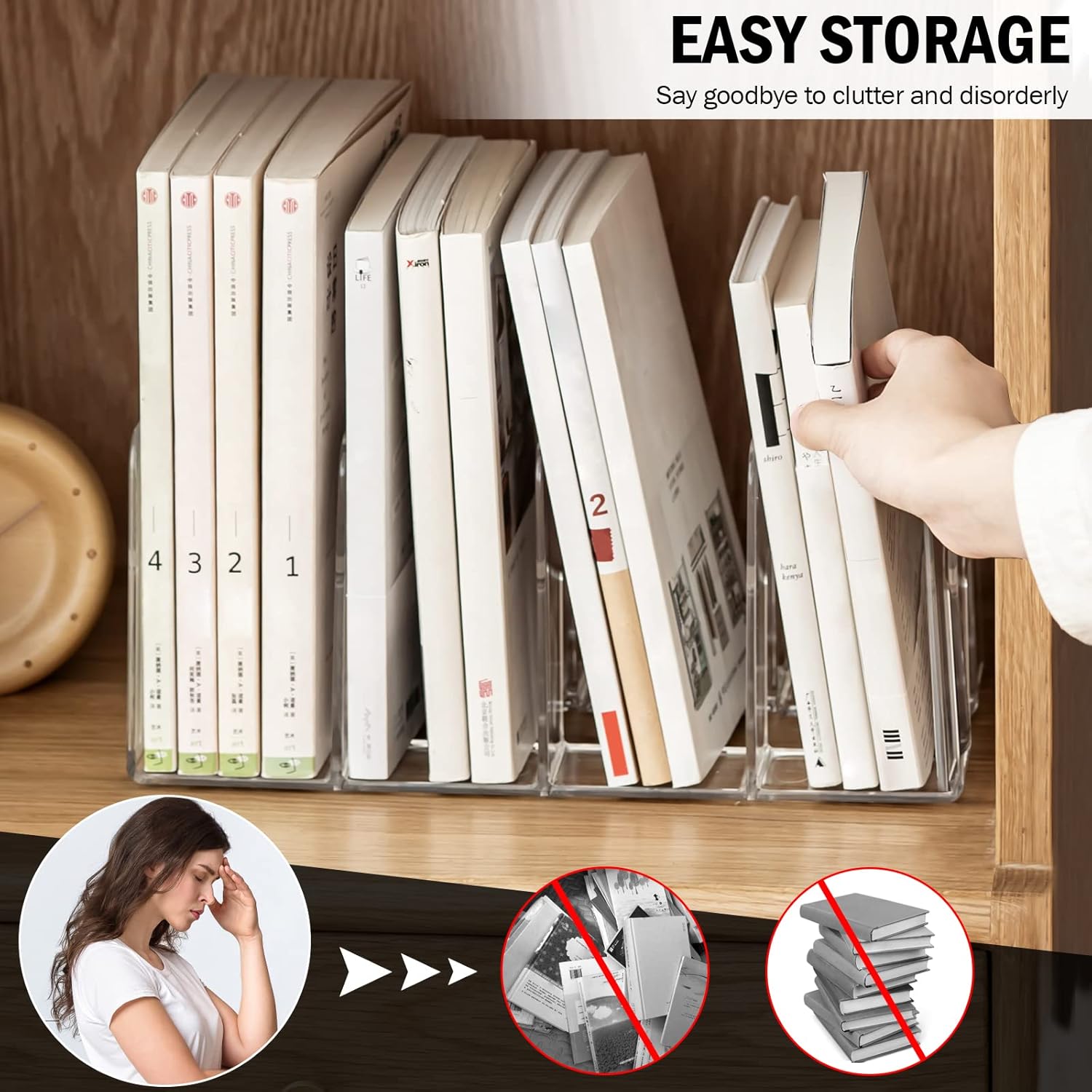 Clear Desktop Book Organizer, Creative Book Stand, Divider Bookshelf for Home School and Office, Non-Acrylic Stand Bookshelves (4 Sections), Transparent, Pack of 2
