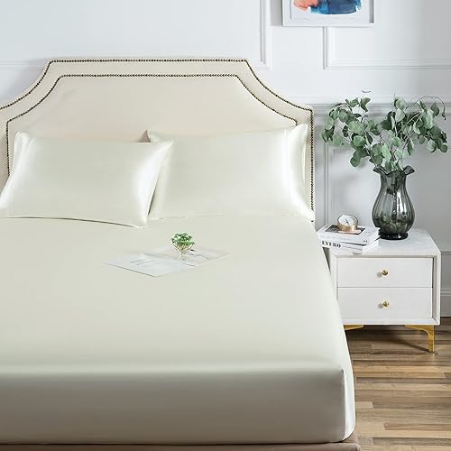 Satin Fitted Sheet, Full Fitted Sheet Only, 1 - Piece Ultra Soft Deep Pocket Single Silk Bottom Bed Sheet Full - Ivory