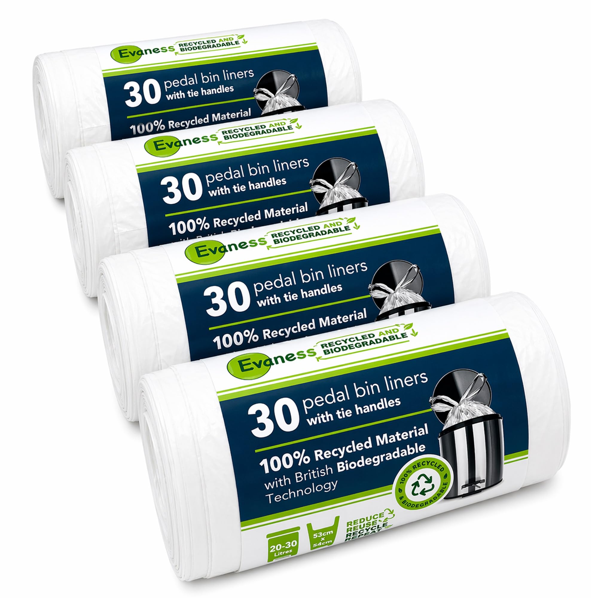 Evaness 120 Bags Tie Handle Pedal Bin Liners 20L/30L – Biodegradable Recycled Bags
