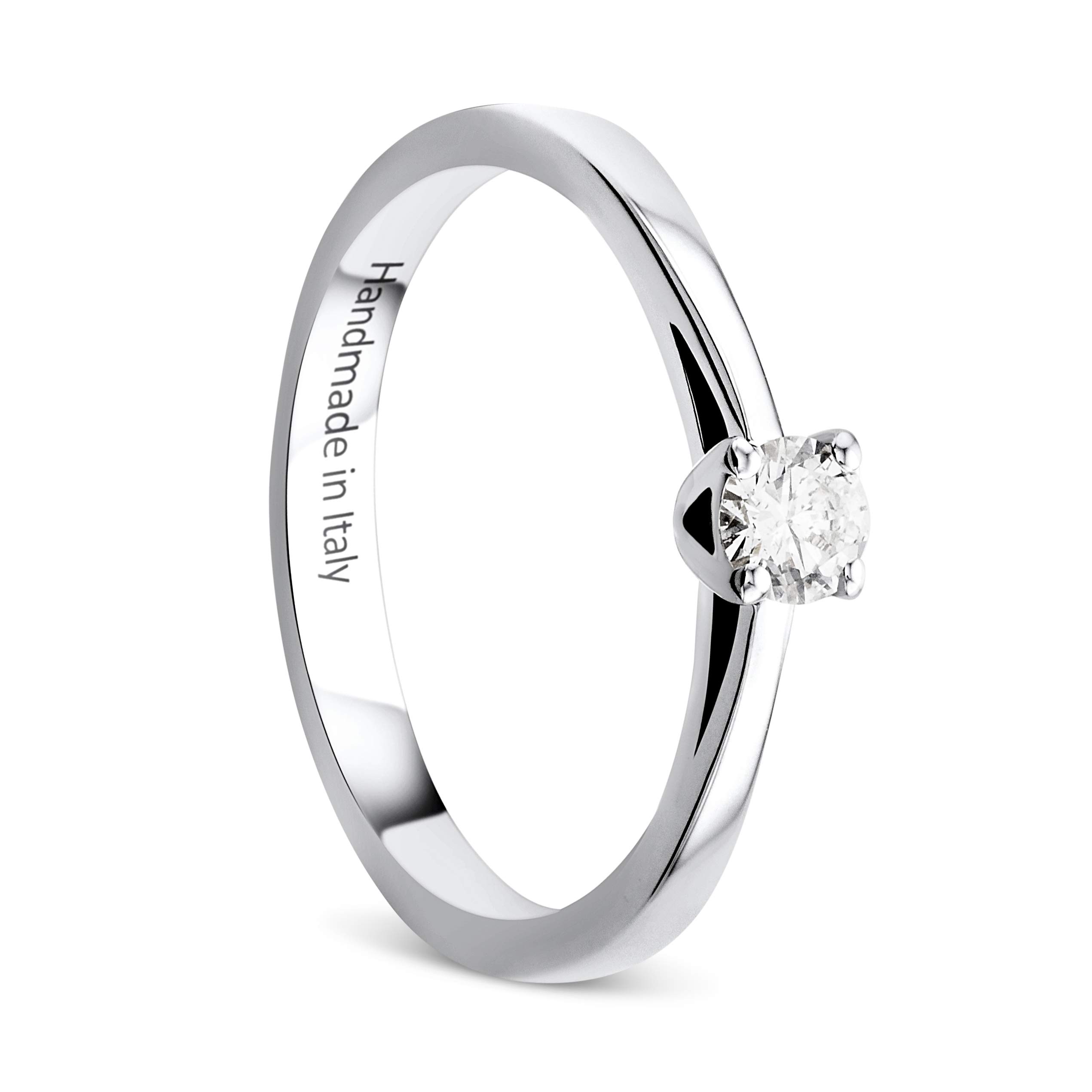 Orovi Anillo de compromiso de oro blanco de 0,15 quilates con diamante solitario de 14 quilates (585) y diamante para mujer, hecho a mano en Italia
