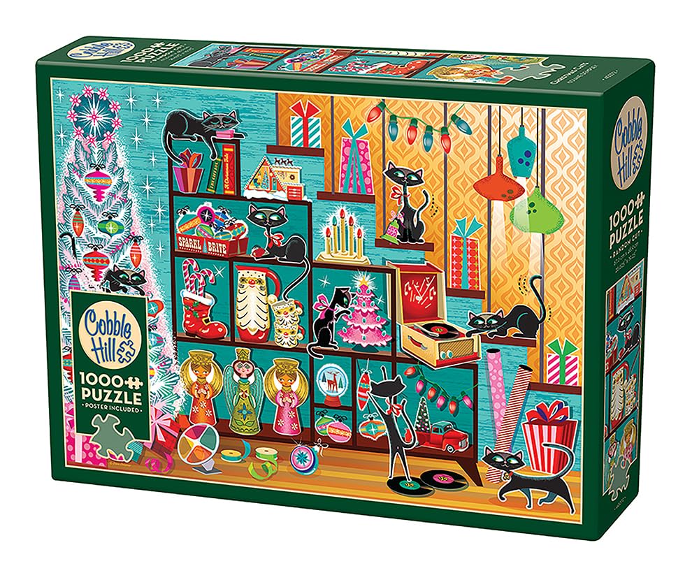 Cobble Hill 1000 Piece Puzzle Christmas Cats-Sample Poster Included, Red