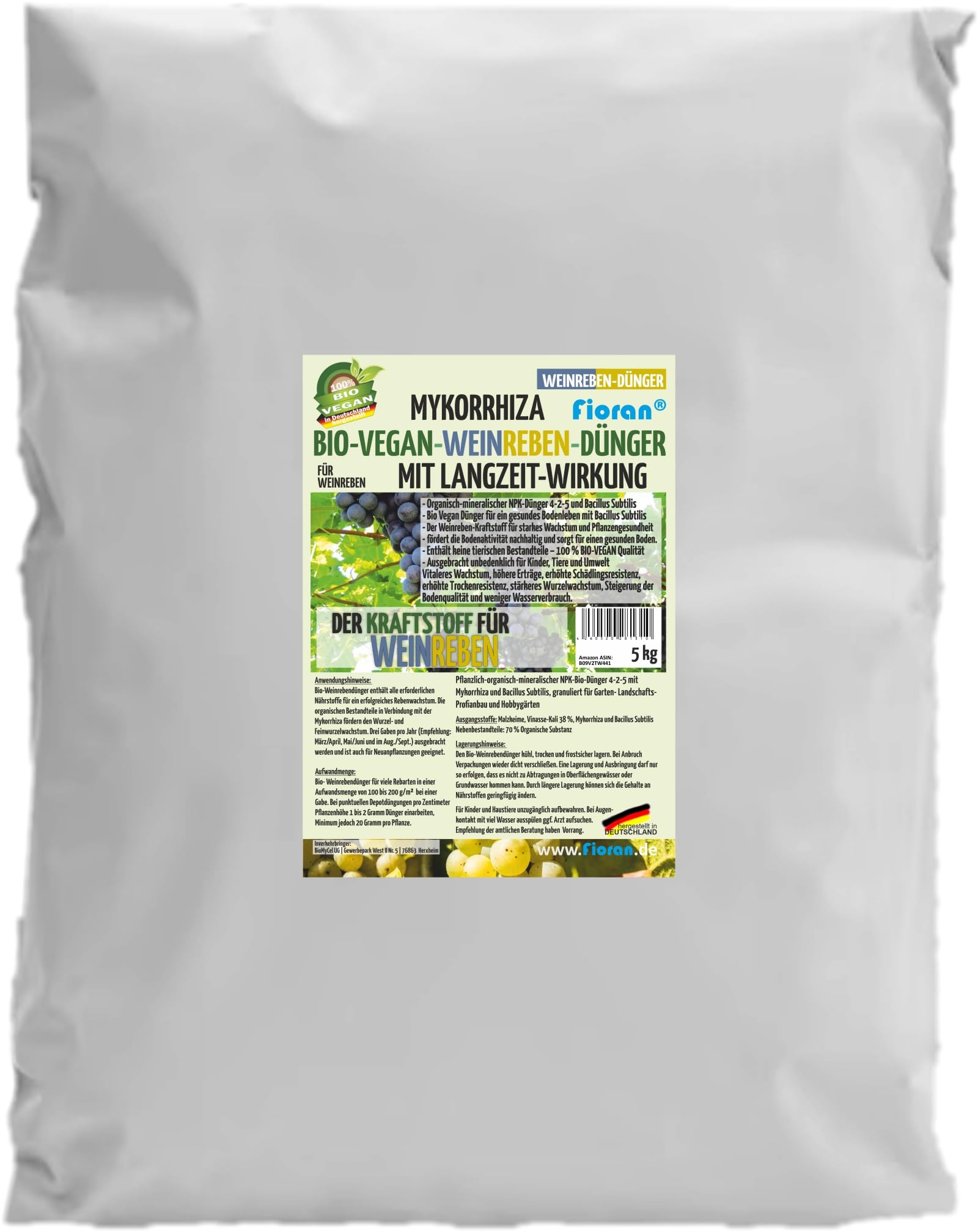 Bio Weinreben-Dünger 5 Kg mit Mykorrhiza und Bacillus Subtilis (NPK 4-2-5)