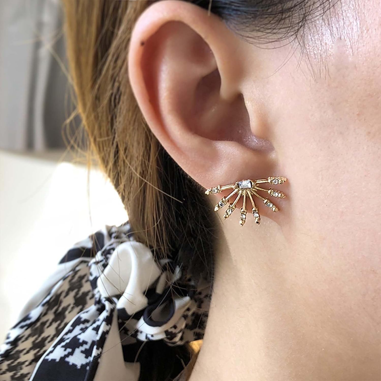 Bohemia Crystal Sunburst Stud Earrings Gold Firework Earrings Fan Shape Rhinestone Earrings cz Half Sun stud Earrings Jewelry for Women - Image 5