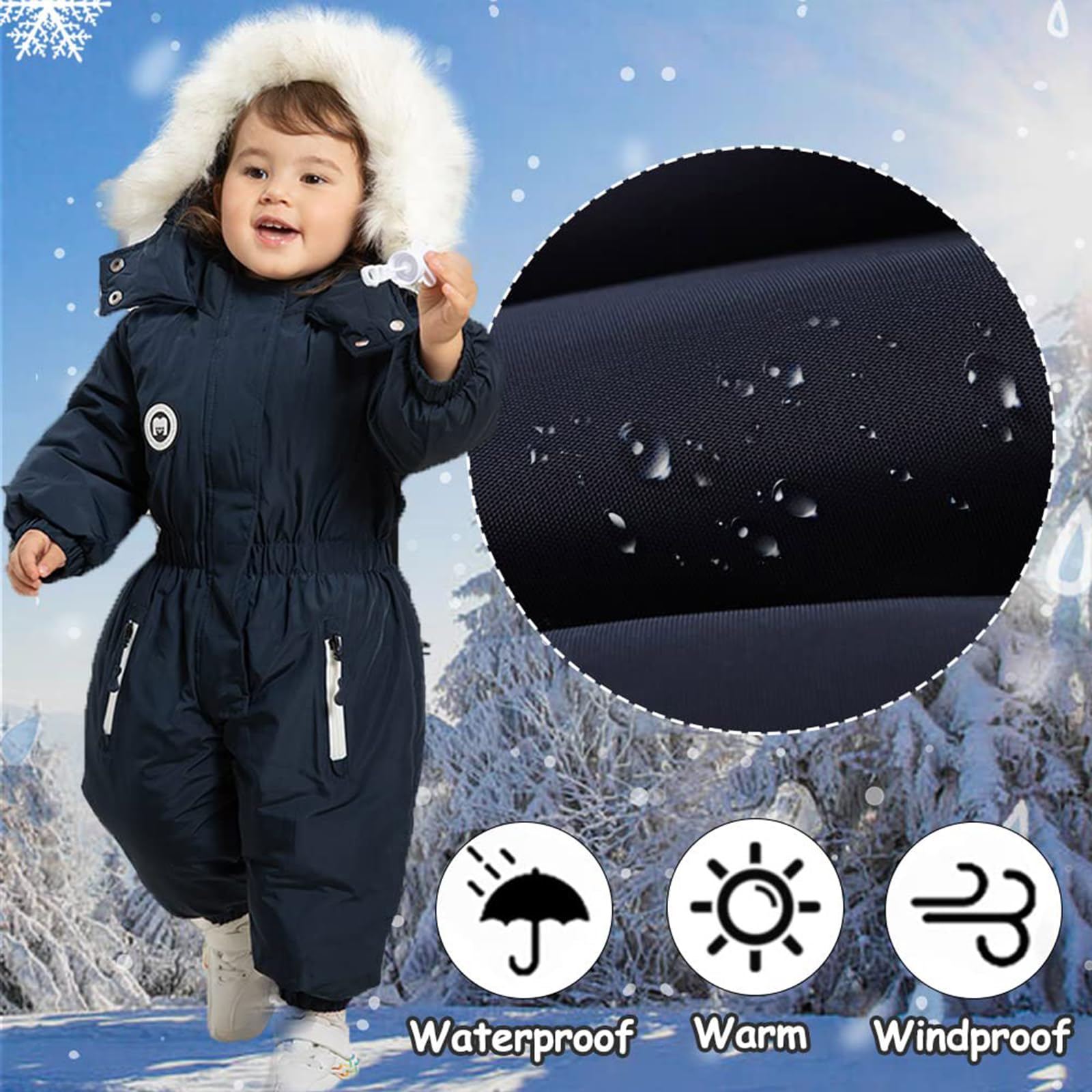 Baby Jungen Schneeanzug mit Kapuze Schneeoverall Baby Winteroverall Winddichte Warme Skianzug Mädchen Fleece Dicke mit Fellkragen Kapuze