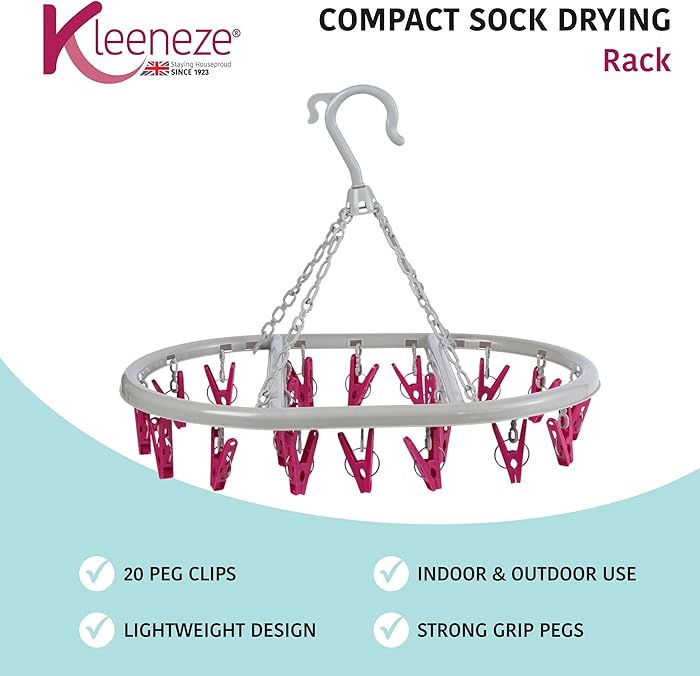 Kleeneze KL070499FS Sock Airer – Hang On The Line Clothes Drying Rack, 20 Peg Clips, Oval Hanger For Small Items, Underwear & Socks, Use Indoor & Outdoor, Space Saving Design, Lightweight