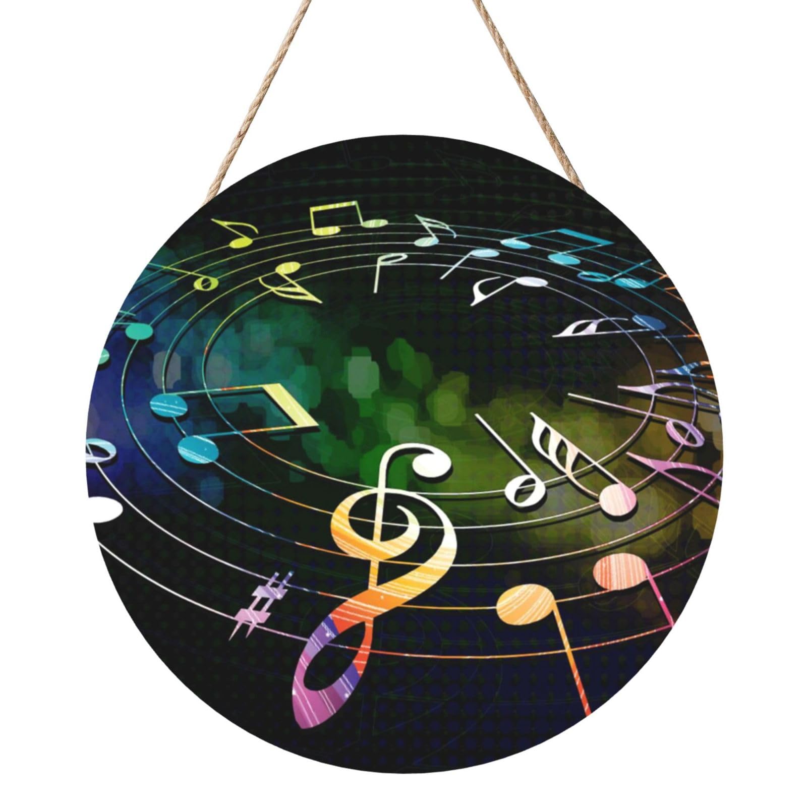 InOmak Colorful Music Notes, Round Wood Panel Painting 12 in, Wall Hanging Painting For Home
