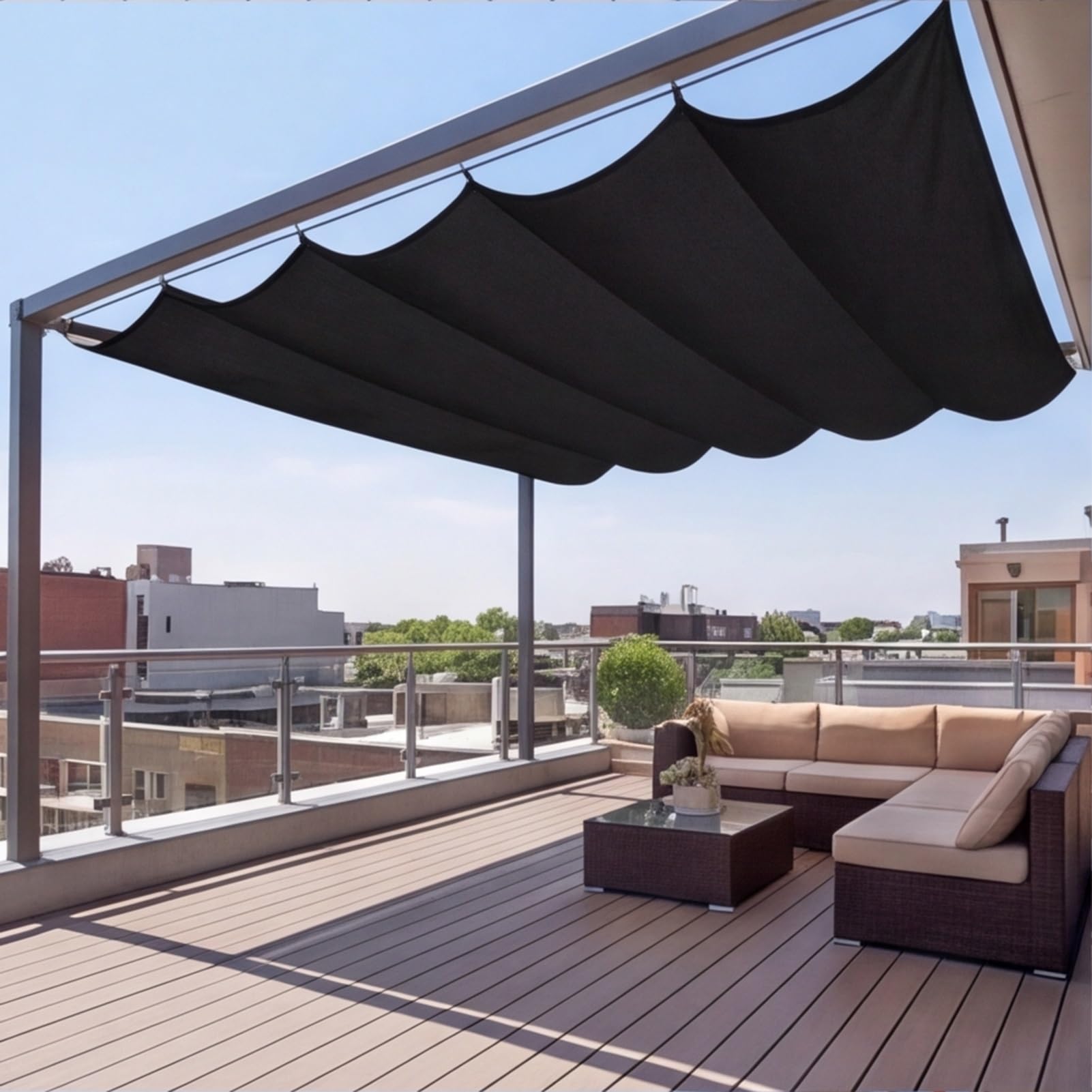 Markiza Wysuwana Świeca Cieniowa 170 x 350 cm Regulowana Pergola Ochrona UV Łatwe do zawieszenia Teleskopowe Fale Cieniowanie Świeca Do Ogrodów Weranda Patio Grill, Czarny