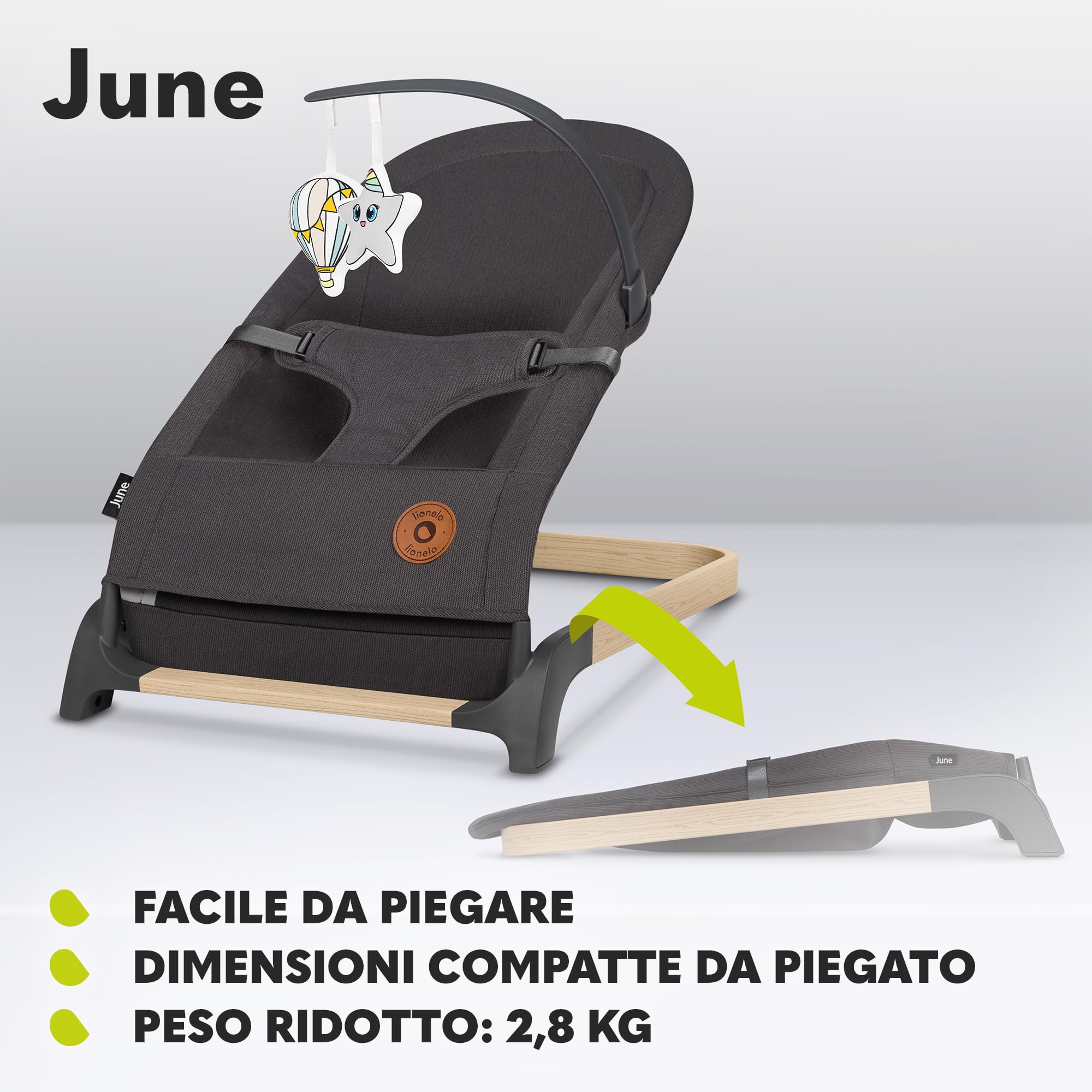 LIONELO June Sdraietta Dondolo Pieghevole dalla Nascita a 9 kg | Design Ergonomico e Traspirante, Cinture di Sicurezza, Struttura Leggera e Stabile, Piedini Antiscivolo