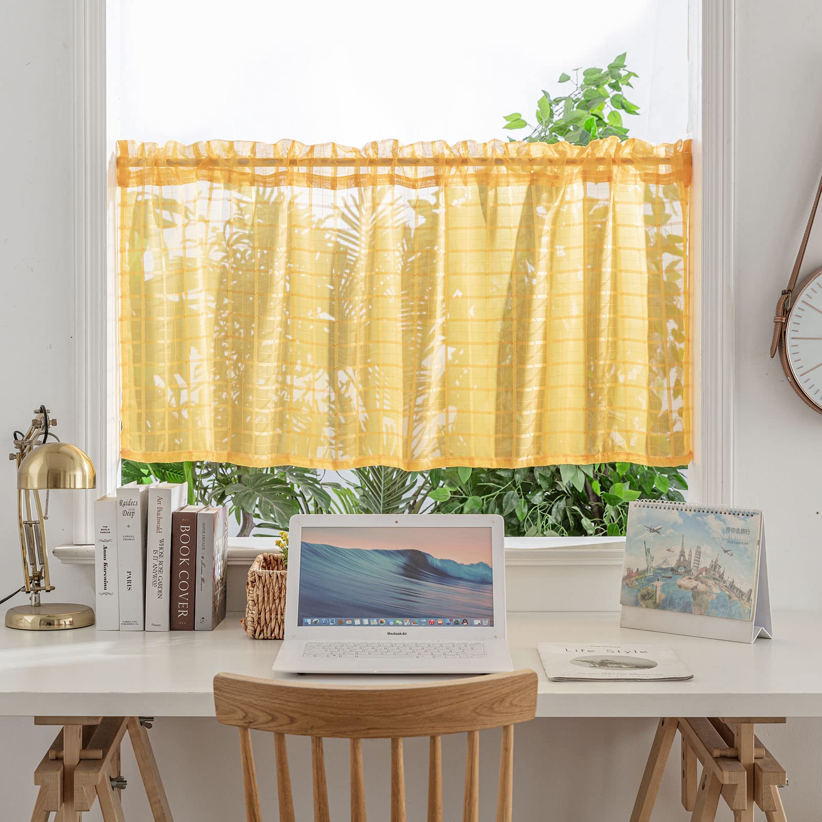 BOYOUTH Plaid Pattern Sheer Short Curtains,Solid Color Rod Pockets Small Window Valance for Kitchen,Cafe,Bathroom,39 Inches by 24 Inches,Orange,1 Panel