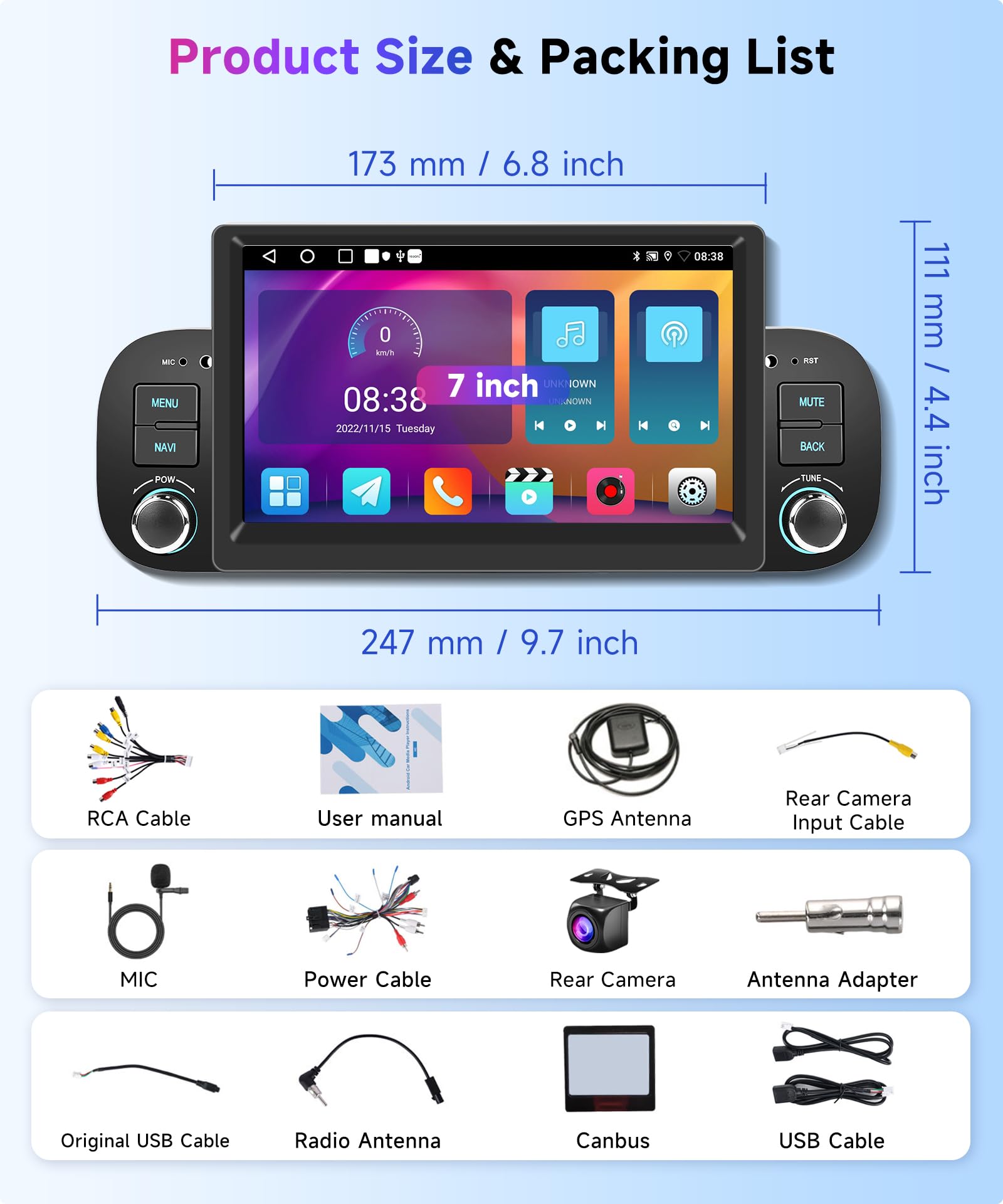 2G 64G Autoradio Android per FIAT Panda 2013-2020 7 Pollici Touchscreen Autoradio Panda con Wireless Carplay Android Auto GPS Mirror Link Bluetooth FM/RDS Radio WiFi USB+ Telecamera Posteriore