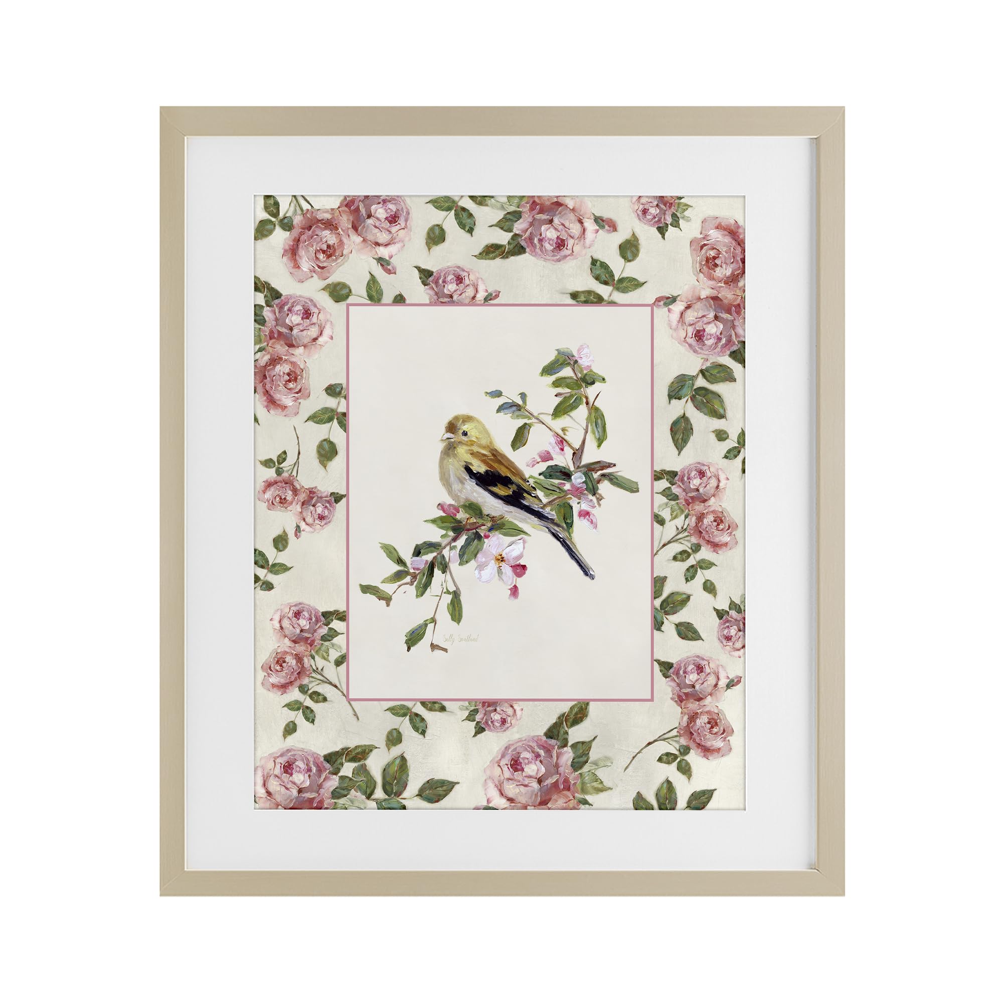 Stupell Industries Harvest Pine (Textured) 'Perched Bird With Dainty Roses'| Framed Print Under Glass
