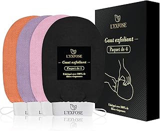 L'Exfose 4 guantes exfoliantes corporales – Guante de Crin Kessa exfoliante corporal y cara de viscosa natural – elimina las células muertas de la piel e hidrata – Sensación de spa agradable sin jabón