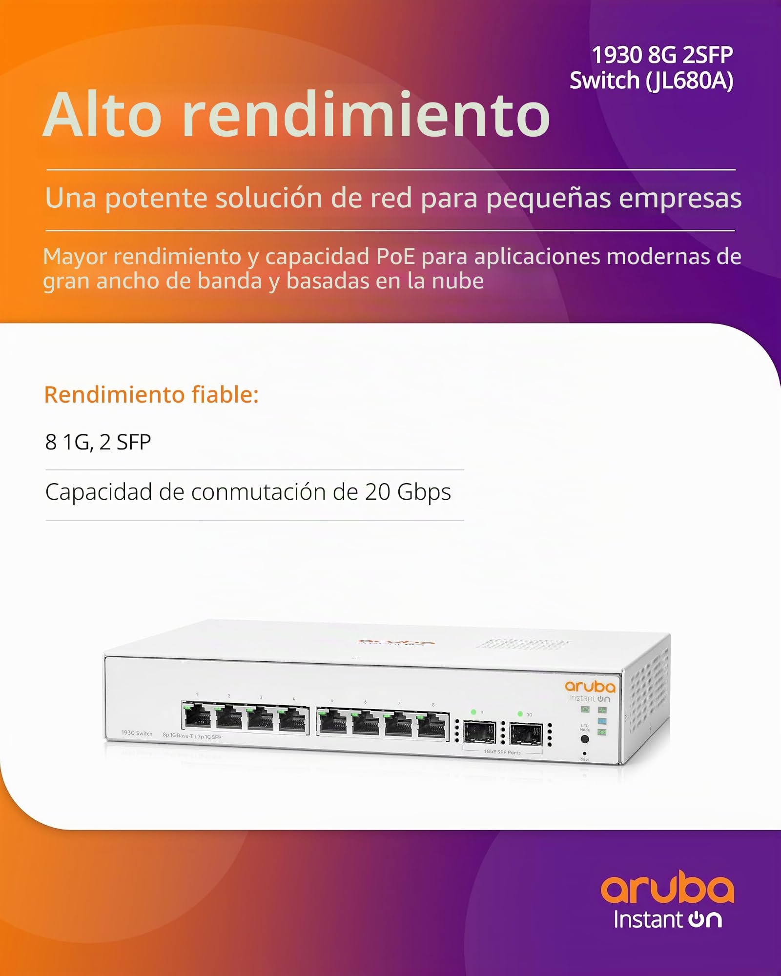 Aruba Instant On 1930 Gestito L2+ Gigabit Ethernet [10/100/1000] 1u Bianco (hpe Aruba Switch Instant On 1930 8g,8 Ports 2sfp)