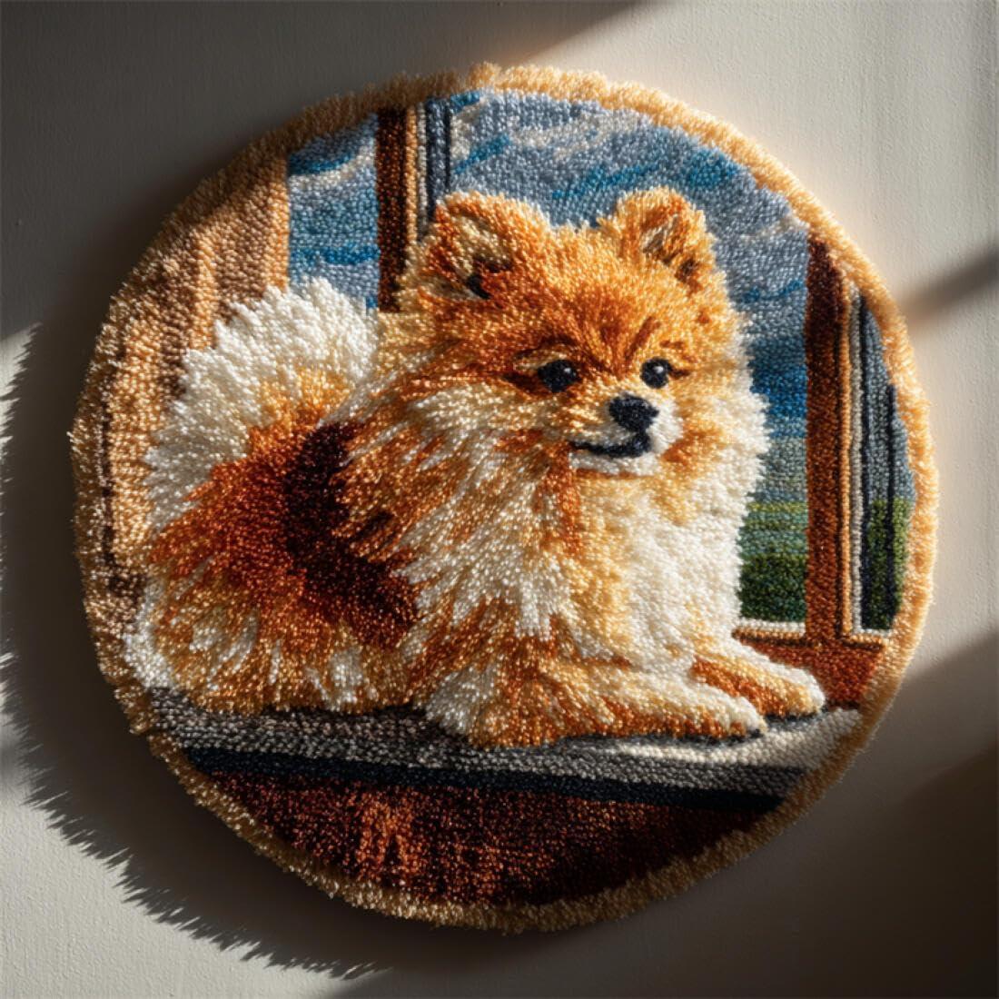 Rqwybcaxn DIY Latch Hook Rug Kit for Teens Animal Embroidery Kit Dog on the windowsill 80x80cm Round Tapestry with Crochet Hook Study Craft Gift
