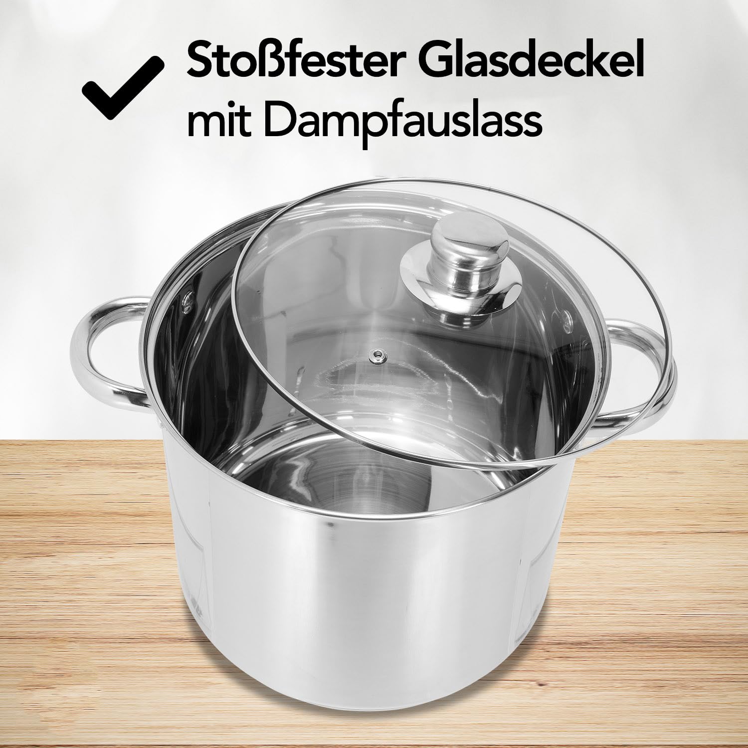 Brixy Suppentopf Kochtopf mit Glasdeckel, 16,5 Liter Fassungsvermögen, 30 cm Durchmesser, Induktionsgeeignet, Edelstahl Silberfarben