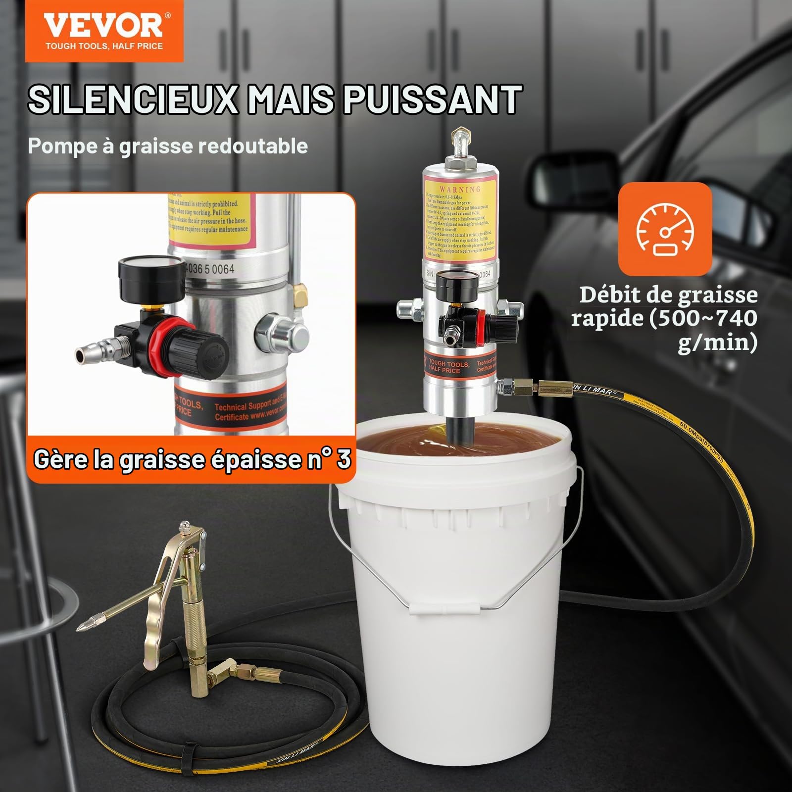 VEVOR Pompe à Graisse Pneumatique Rapport Pression 50:1 Pompe à Seau de Graisse Pneumatique avec Tuyau 4 m et Pistolet à Graisse Pompe à Graisse de Lubrification avec Tête de Pistolet à Graisse 360°